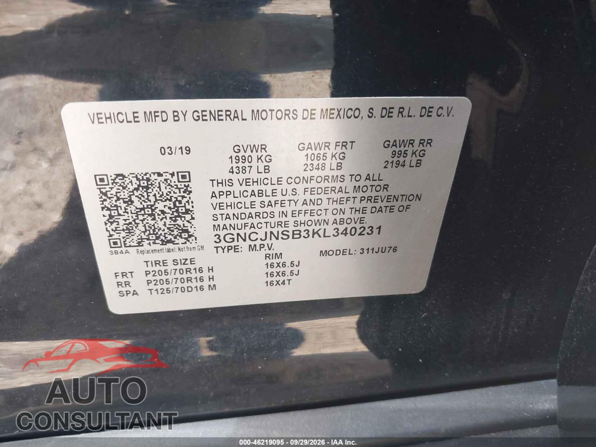 CHEVROLET TRAX 2019 - 3GNCJNSB3KL340231