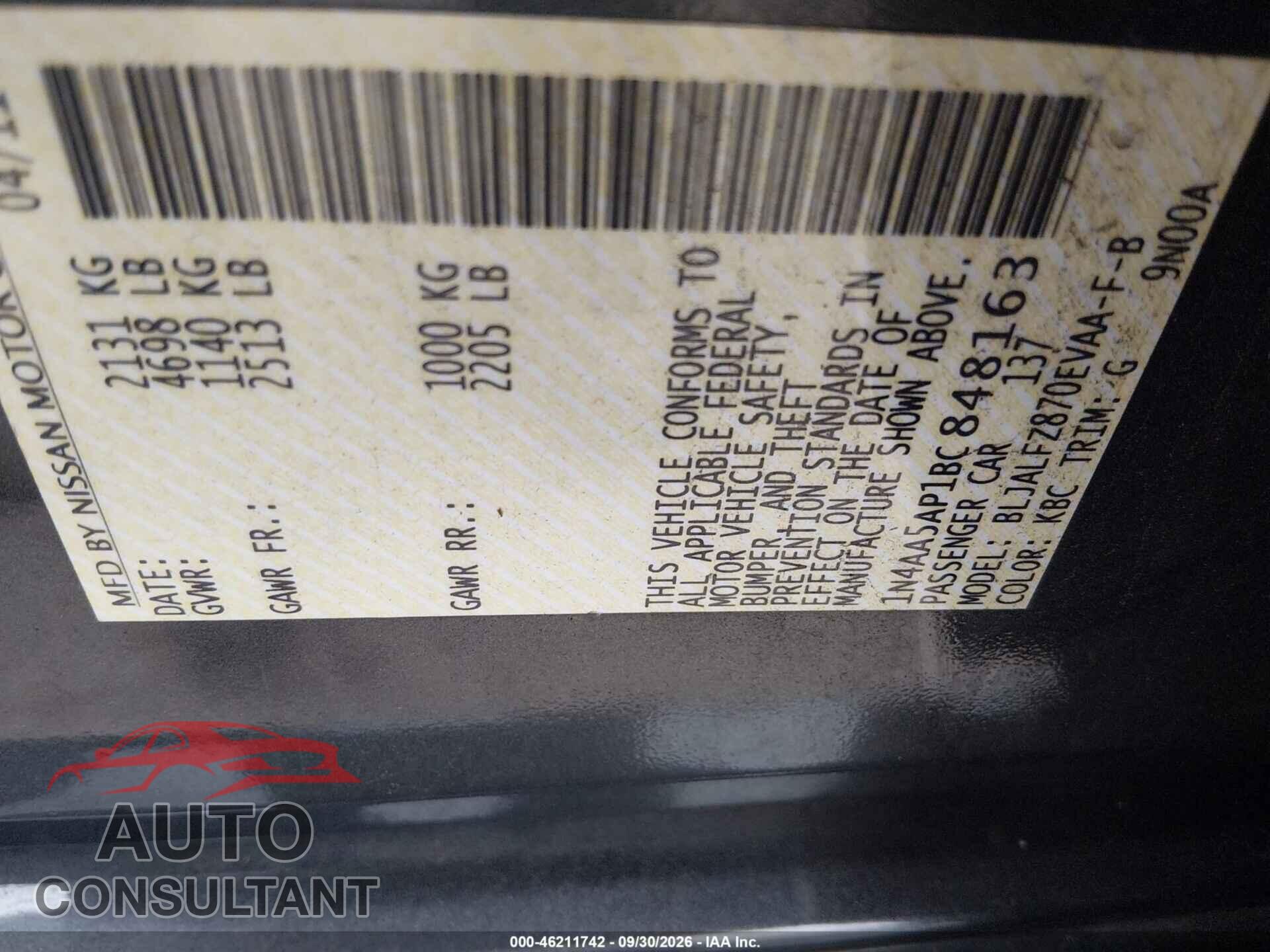 NISSAN MAXIMA 2011 - 1N4AA5AP1BC848163
