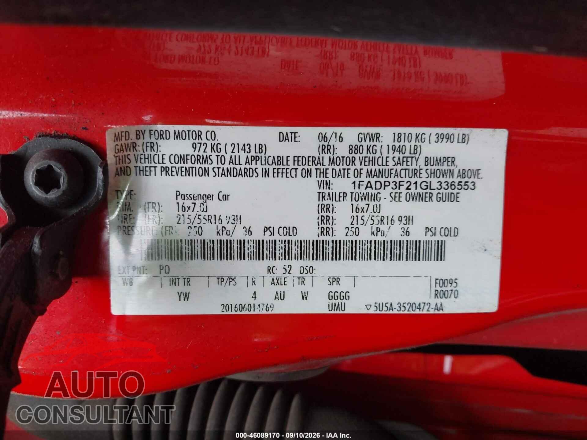 FORD FOCUS 2016 - 1FADP3F21GL336553