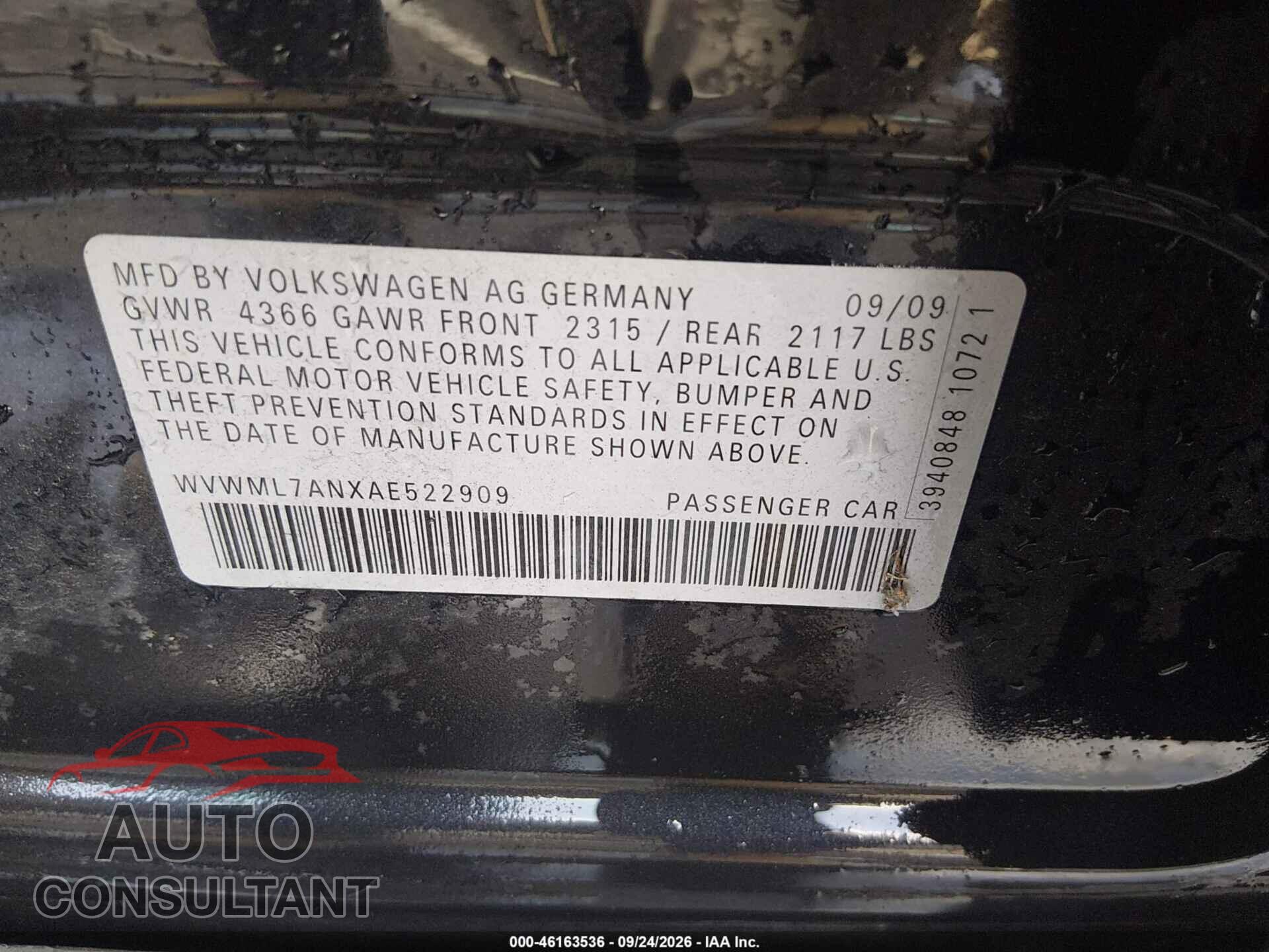VOLKSWAGEN CC 2010 - WVWML7ANXAE522909