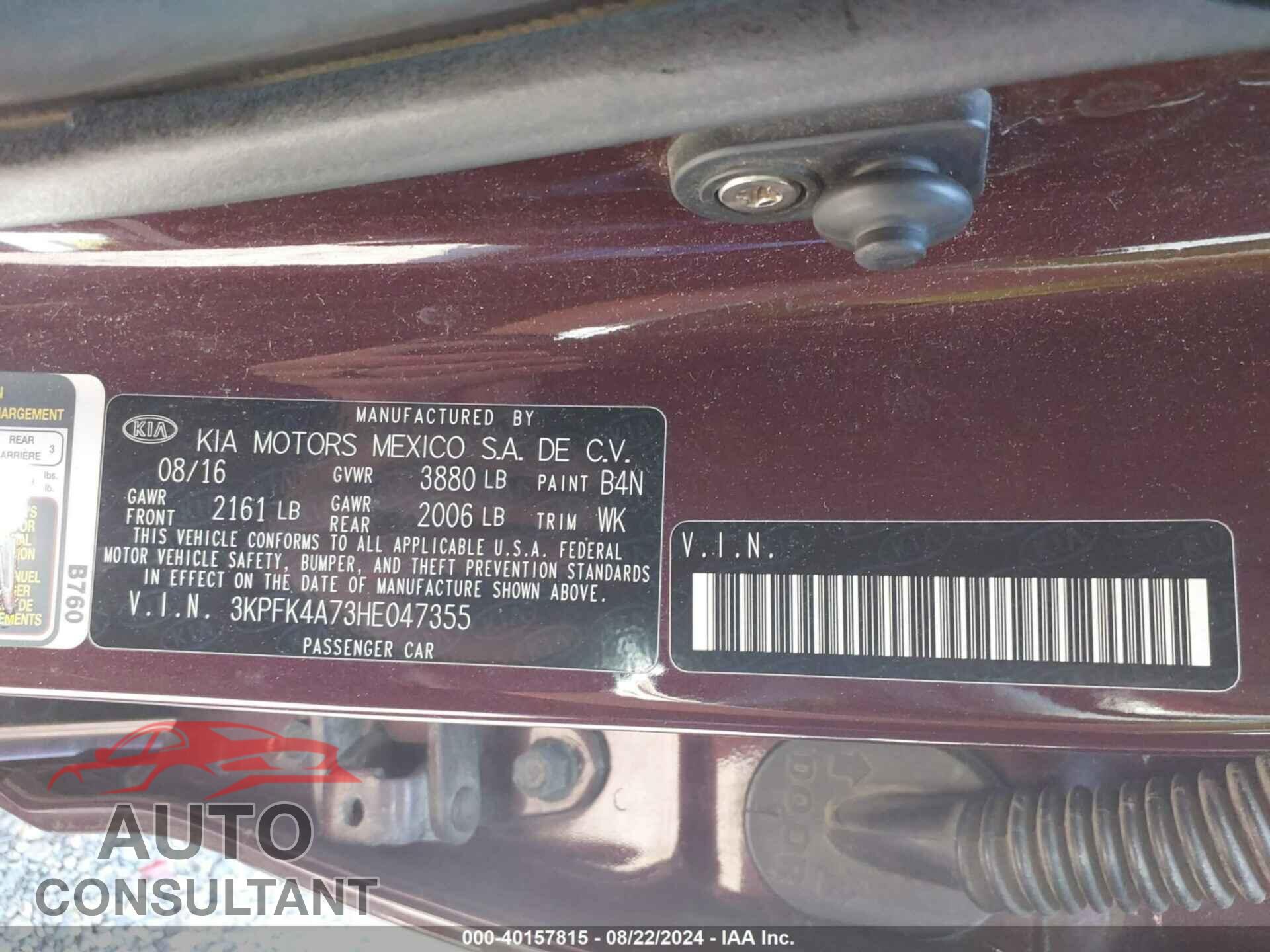 KIA FORTE 2017 - 3KPFK4A73HE047355