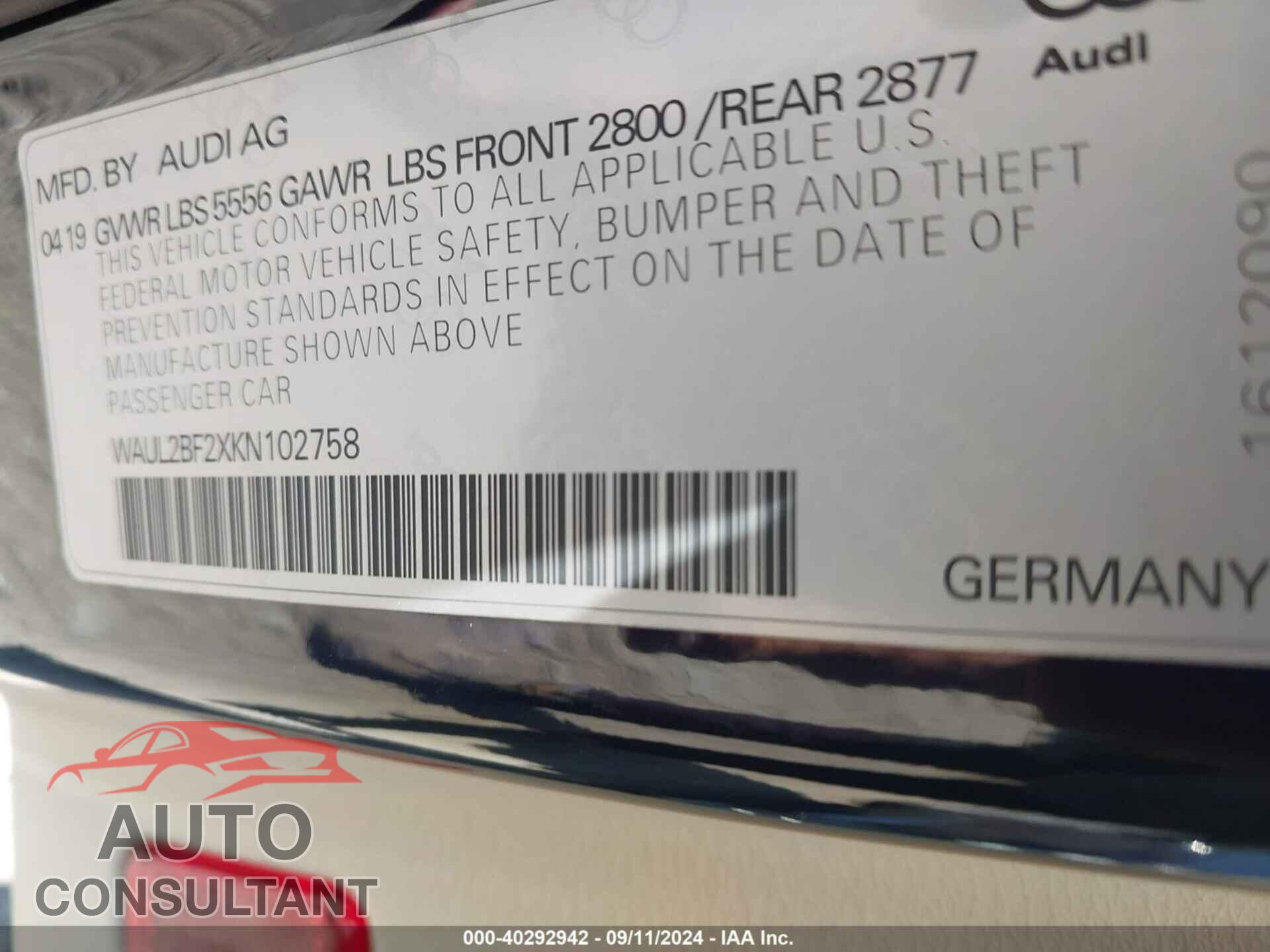 AUDI A6 2019 - WAUL2BF2XKN102758