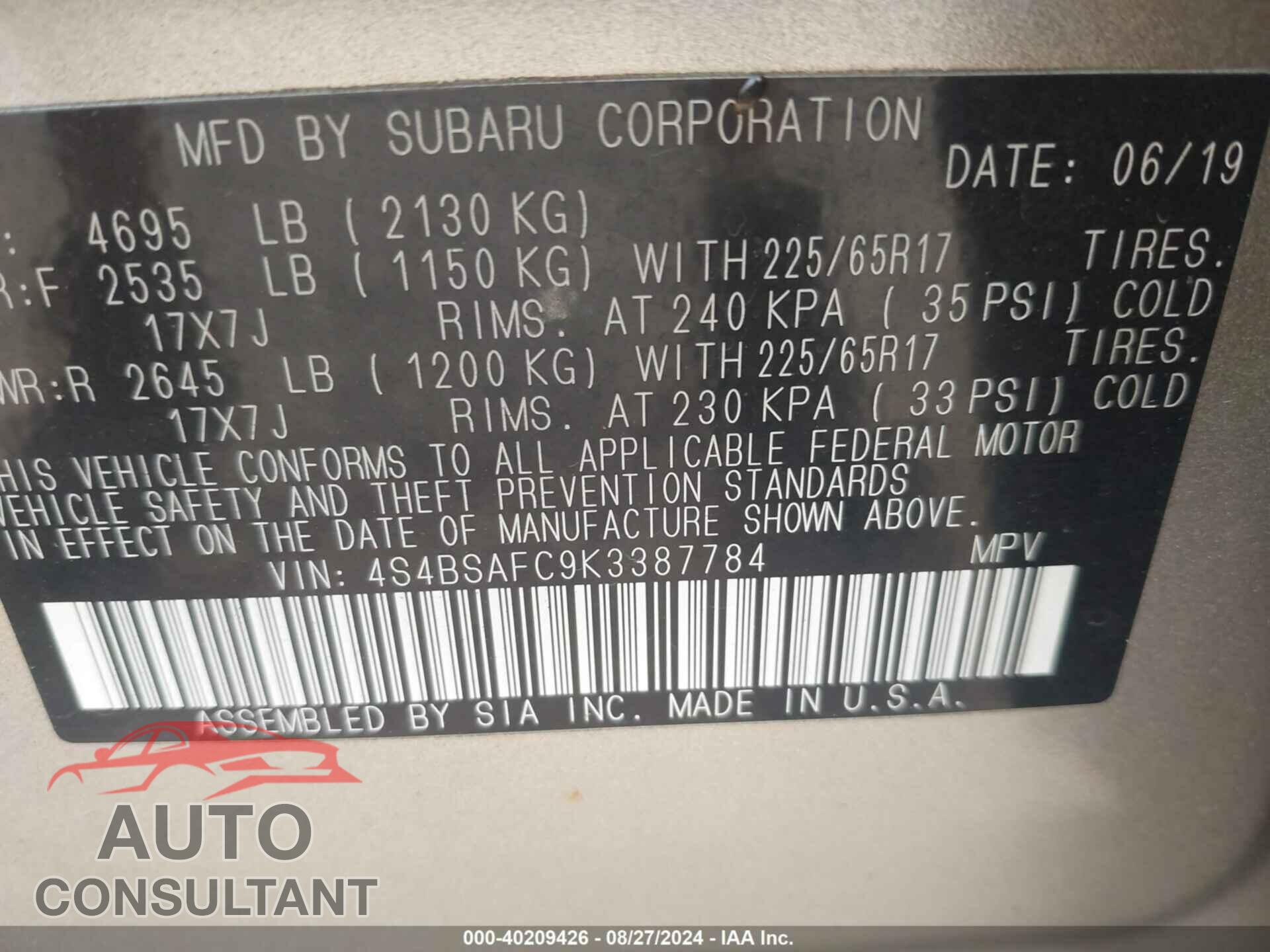 SUBARU OUTBACK 2019 - 4S4BSAFC9K3387784