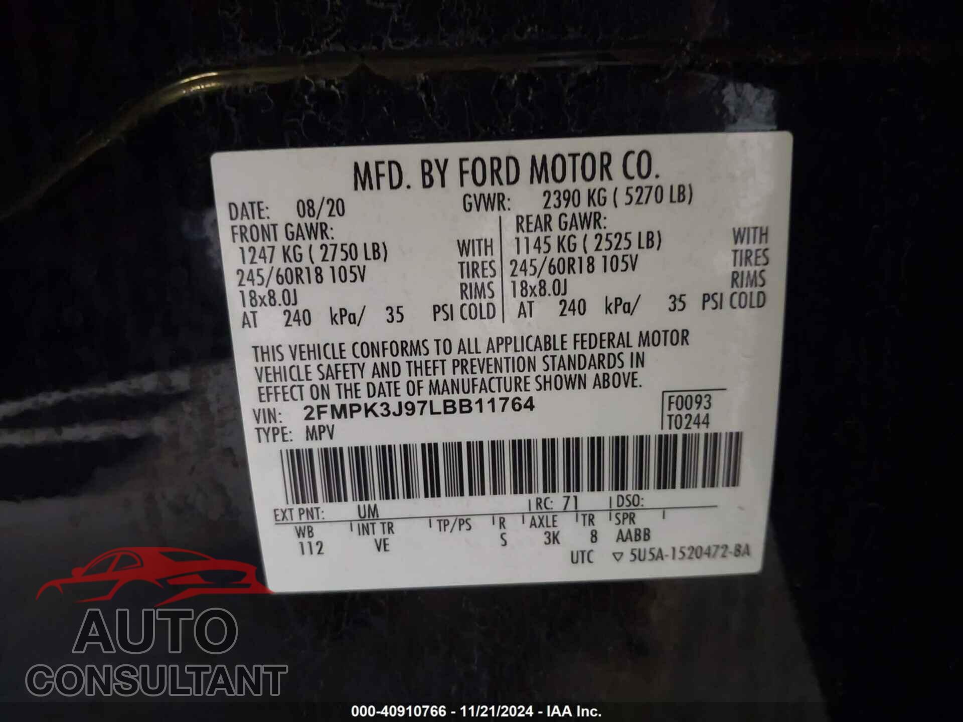FORD EDGE 2020 - 2FMPK3J97LBB11764