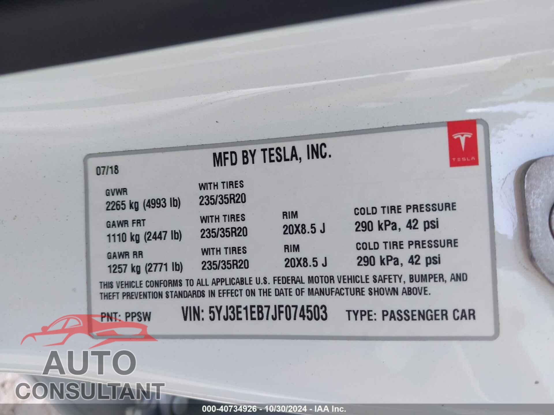 TESLA MODEL 3 2018 - 5YJ3E1EB7JF074503