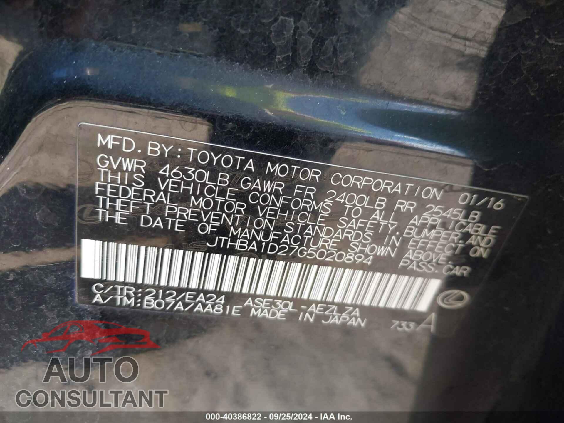LEXUS IS 2016 - JTHBA1D27G5020894