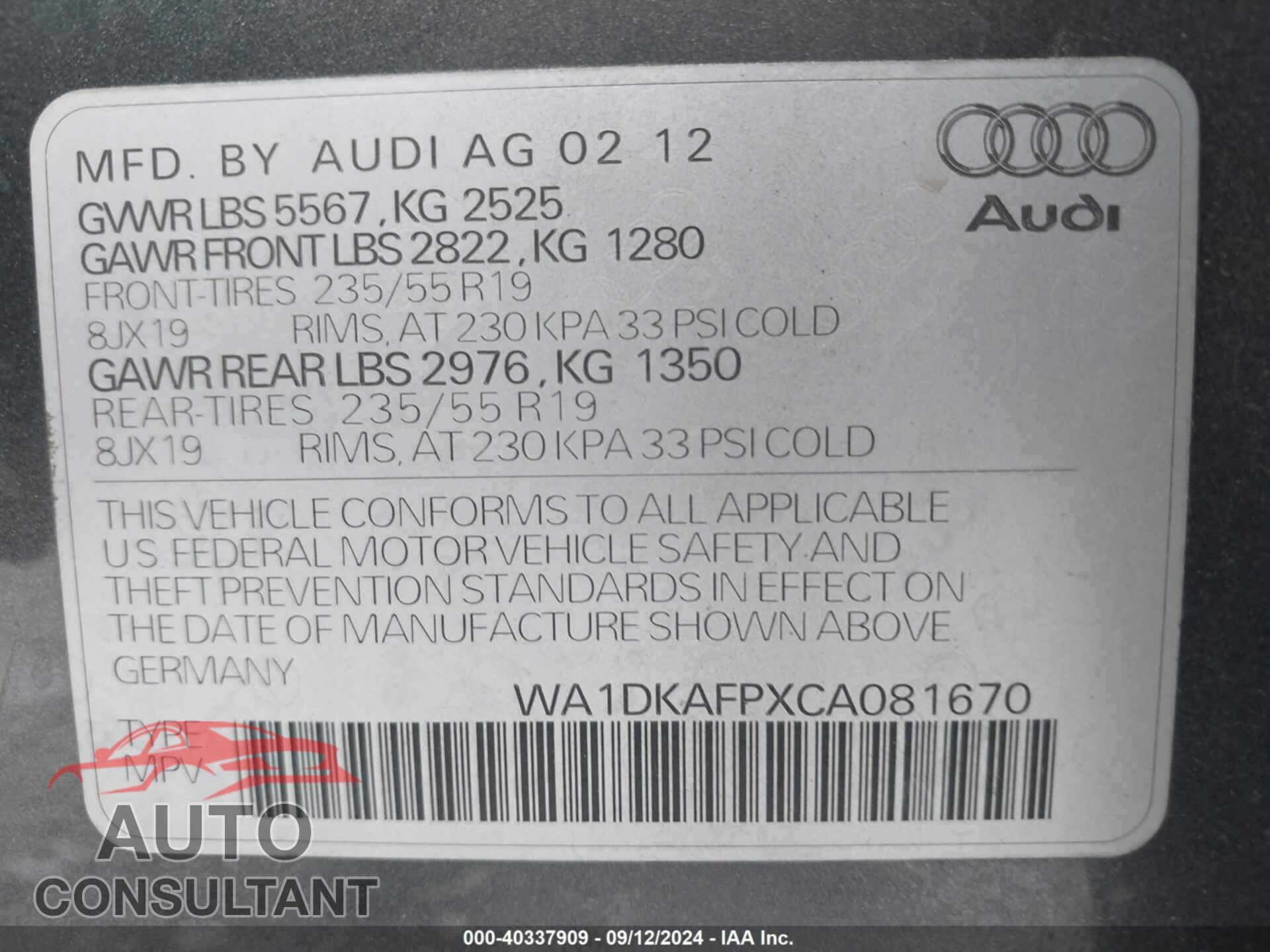 AUDI Q5 2012 - WA1DKAFPXCA081670