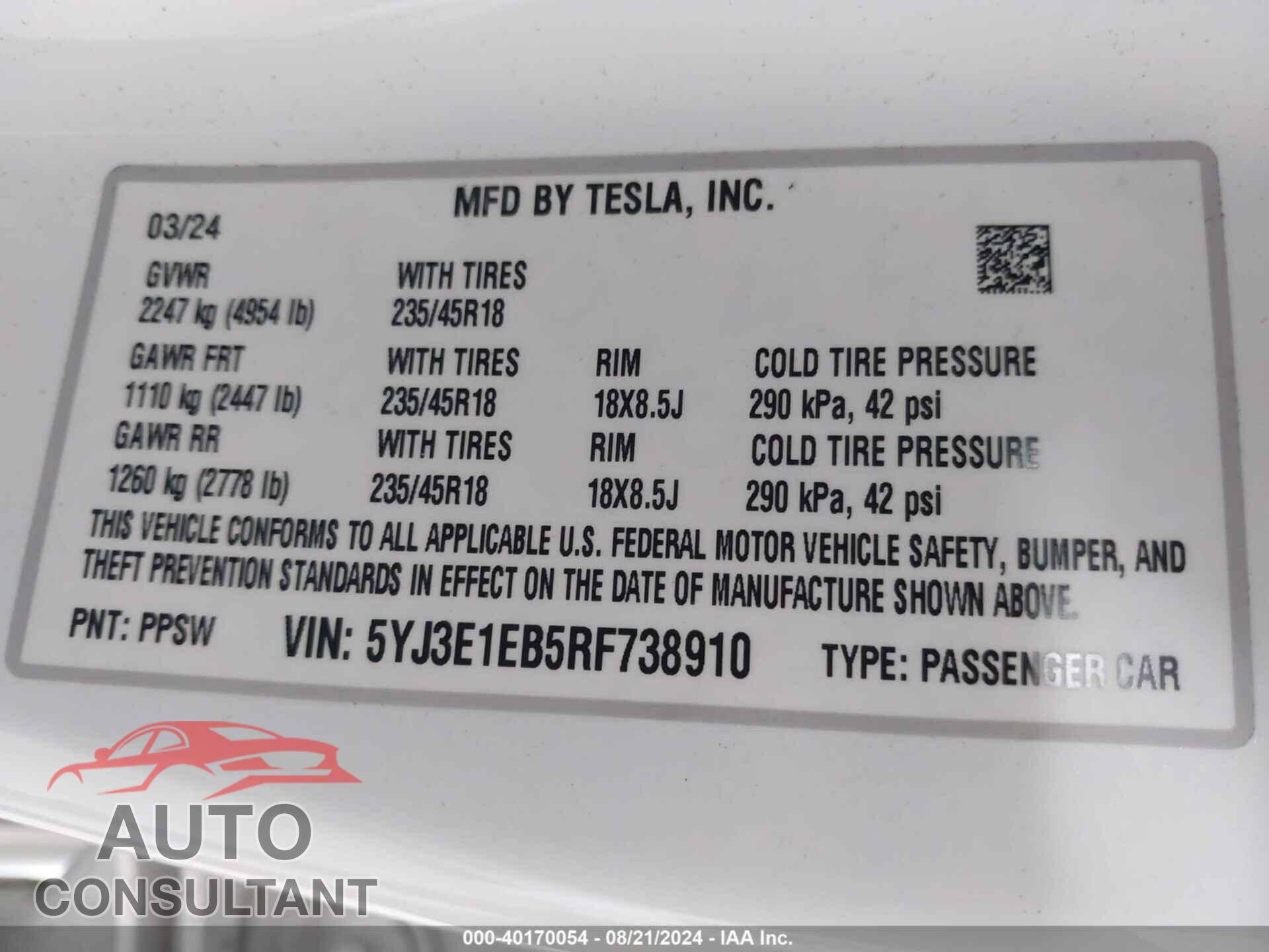 TESLA MODEL 3 2024 - 5YJ3E1EB5RF738910