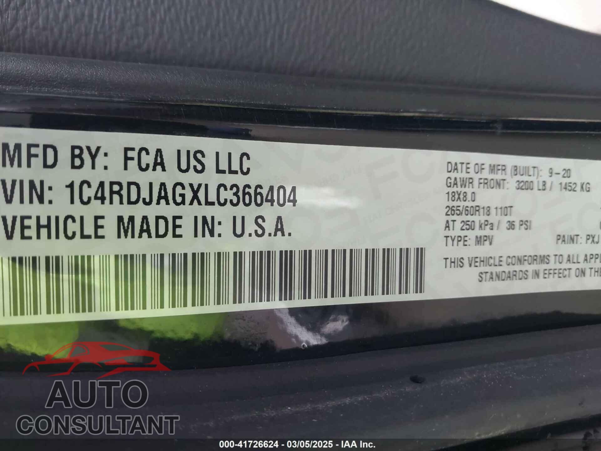 DODGE DURANGO 2020 - 1C4RDJAGXLC366404