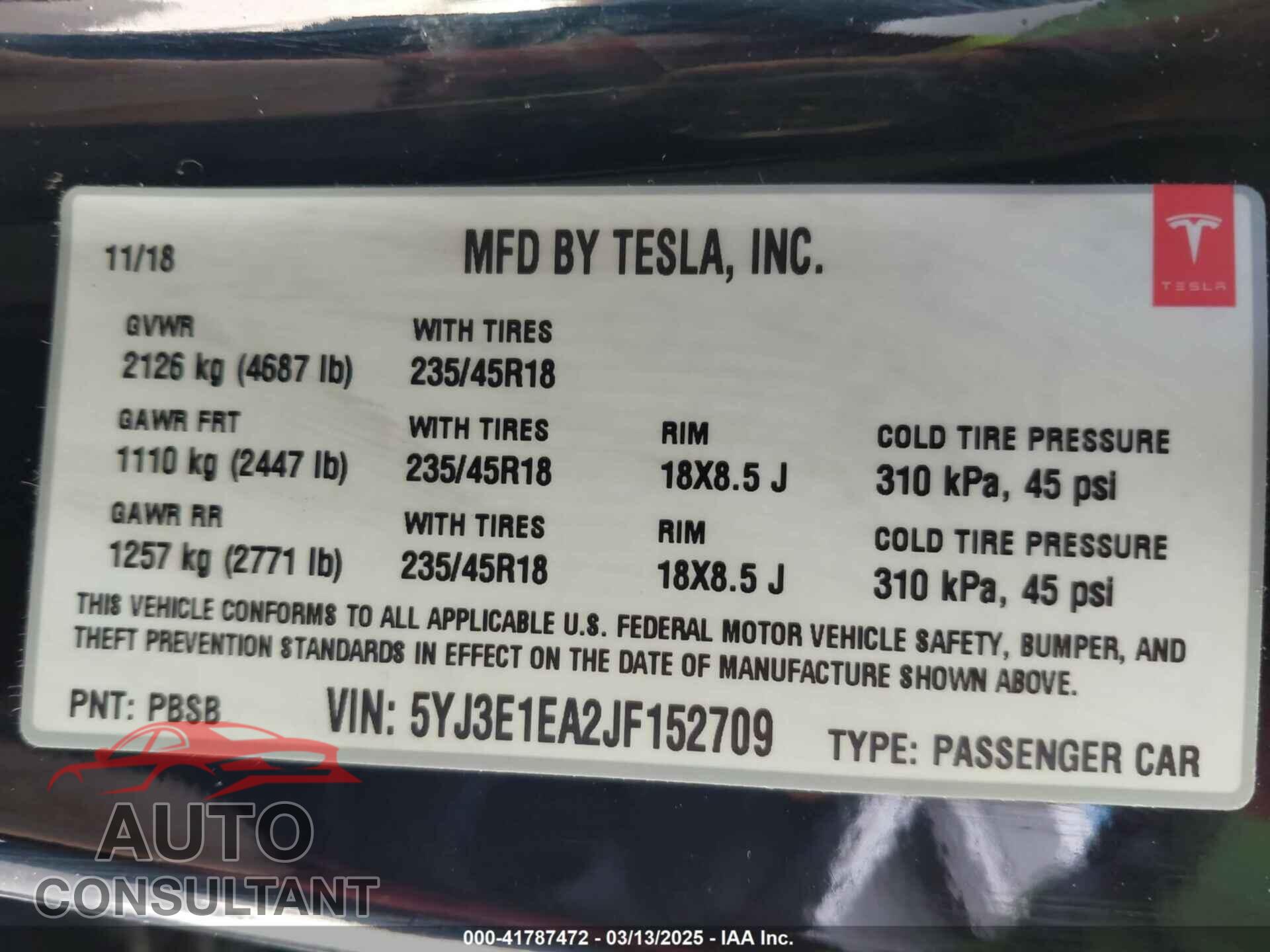 TESLA MODEL 3 2018 - 5YJ3E1EA2JF152709
