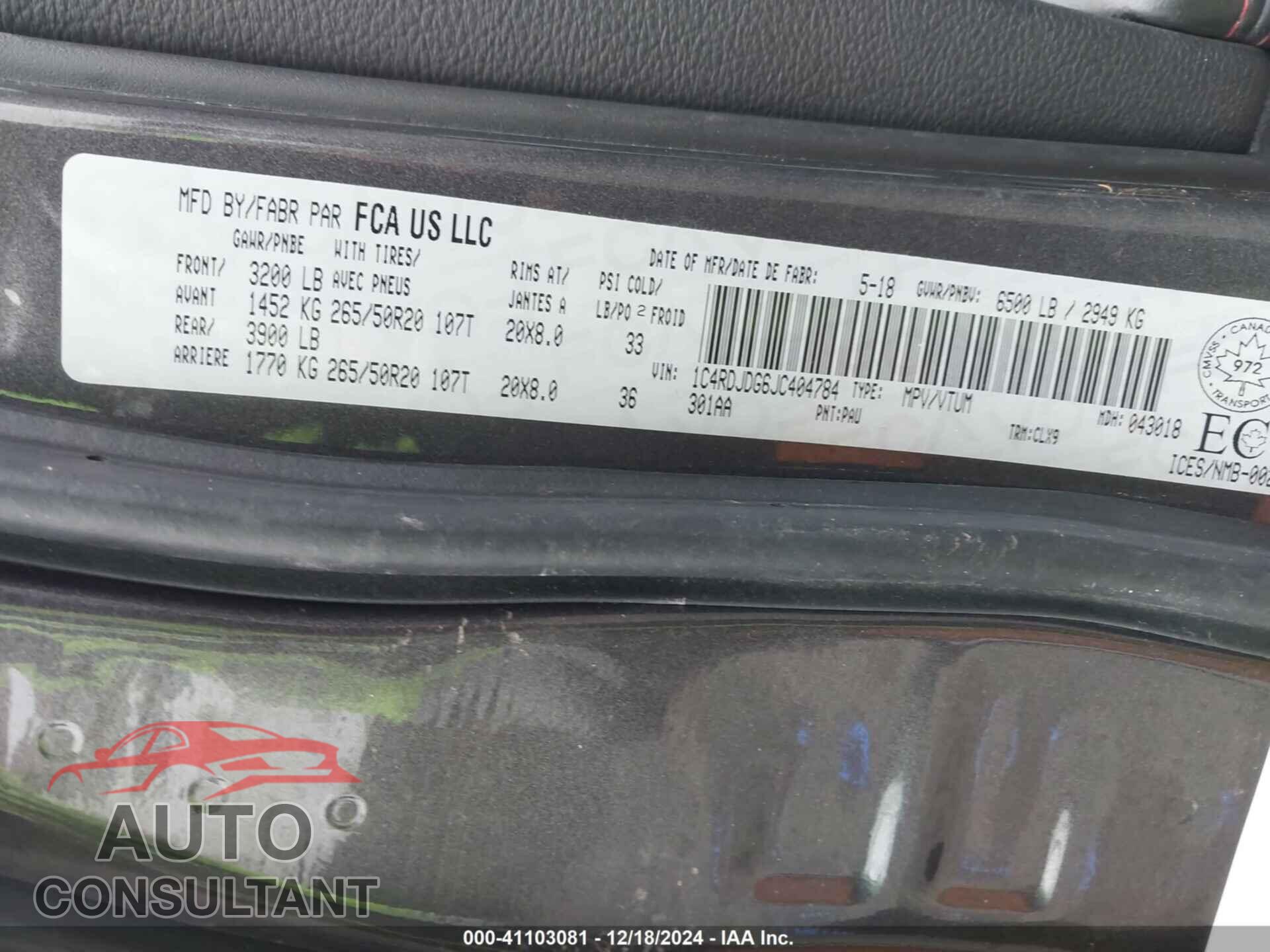 DODGE DURANGO 2018 - 1C4RDJDG6JC404784