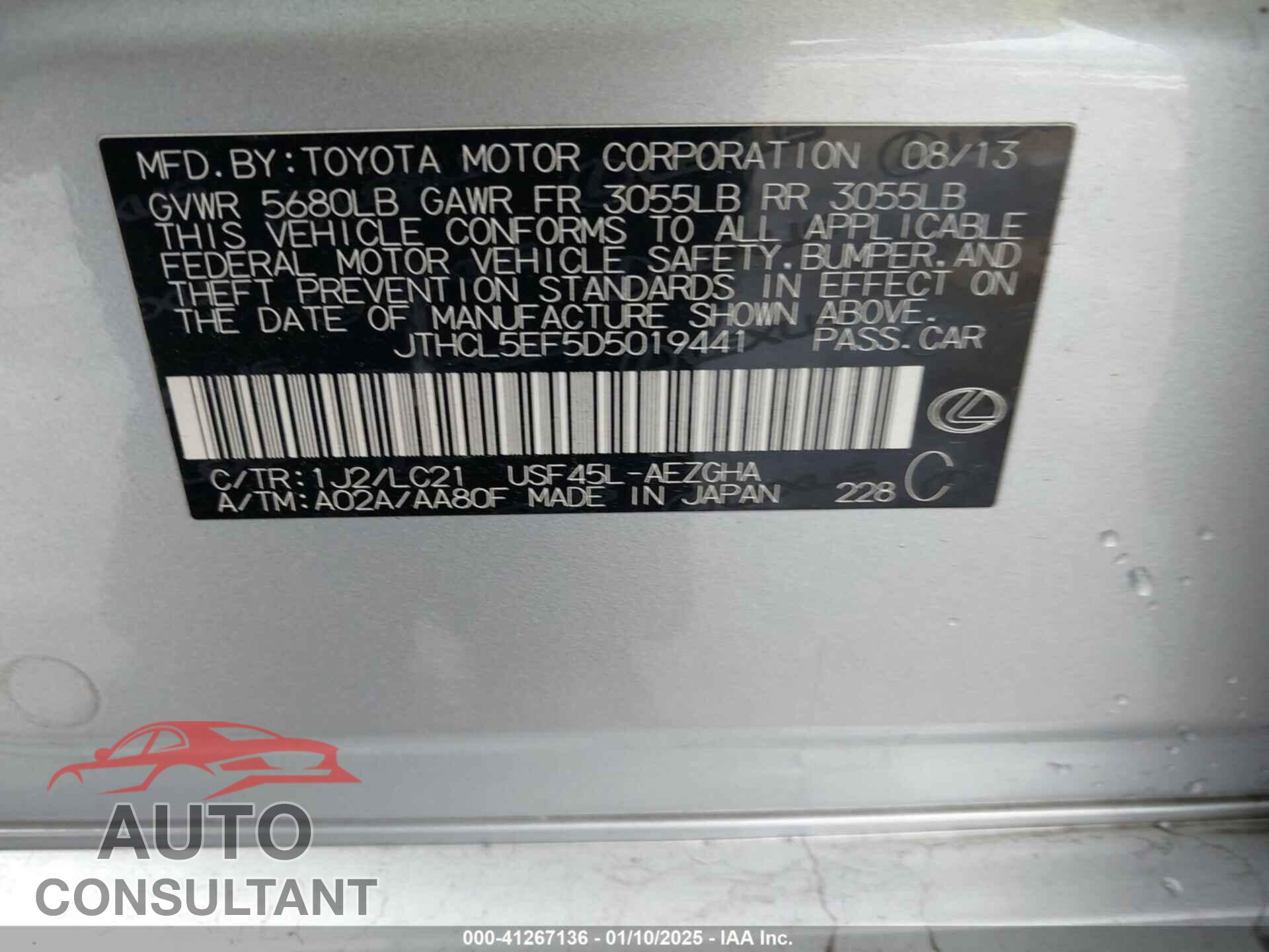 LEXUS LS 2013 - JTHCL5EF5D5019441