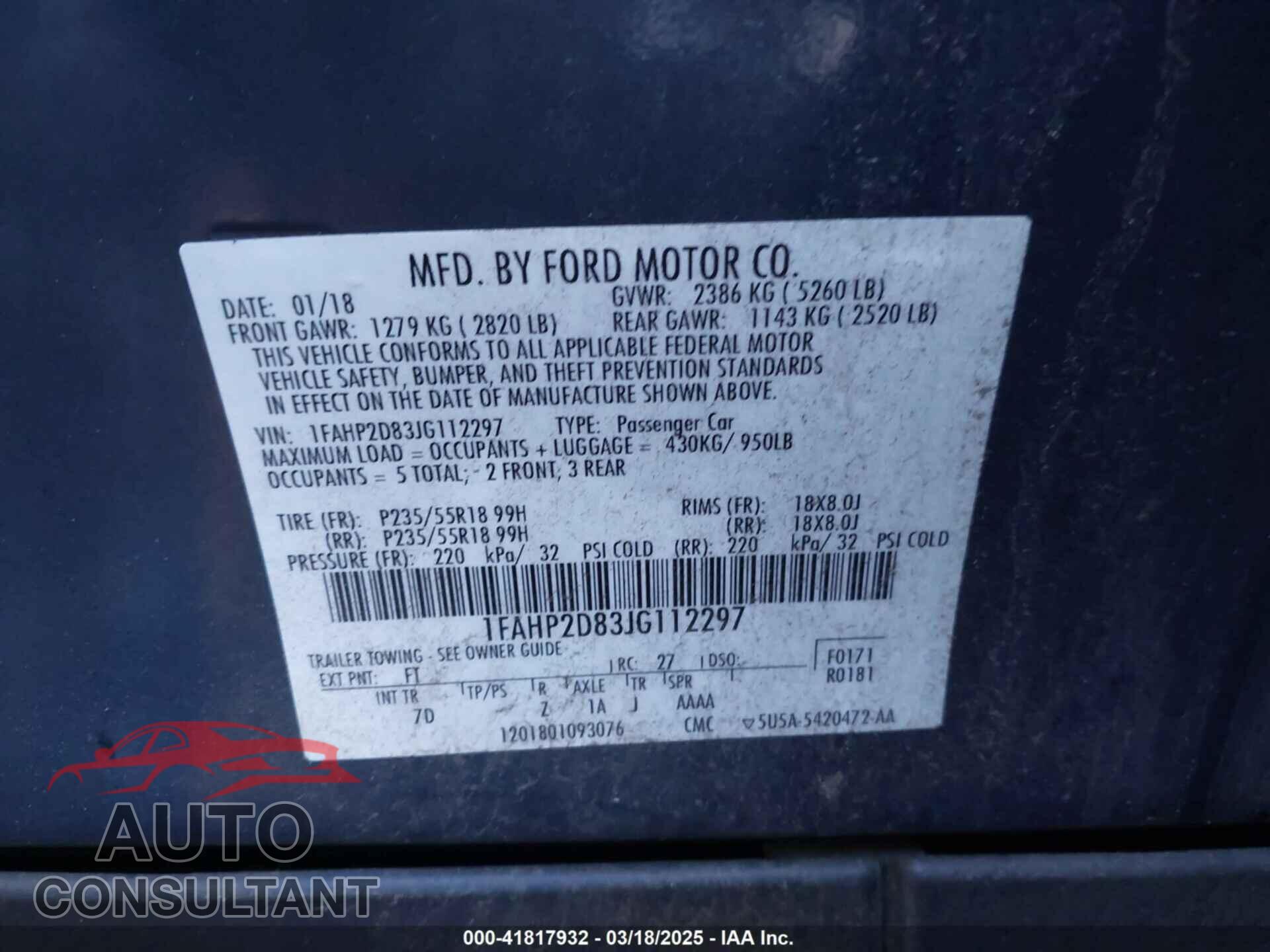 FORD TAURUS 2018 - 1FAHP2D83JG112297