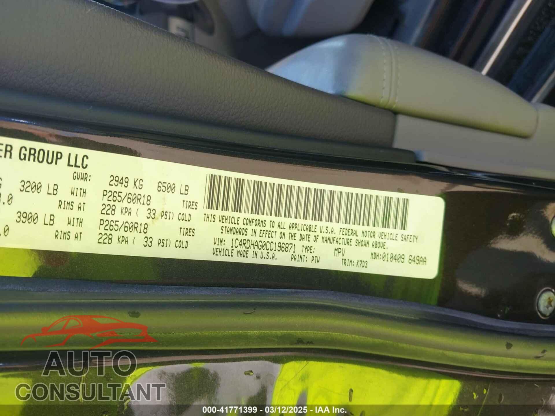 DODGE DURANGO 2012 - 1C4RDHAG0CC196871