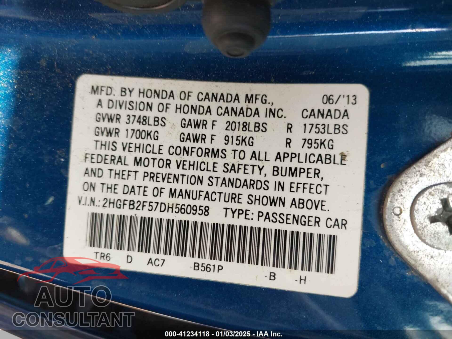 HONDA CIVIC 2013 - 2HGFB2F57DH560958