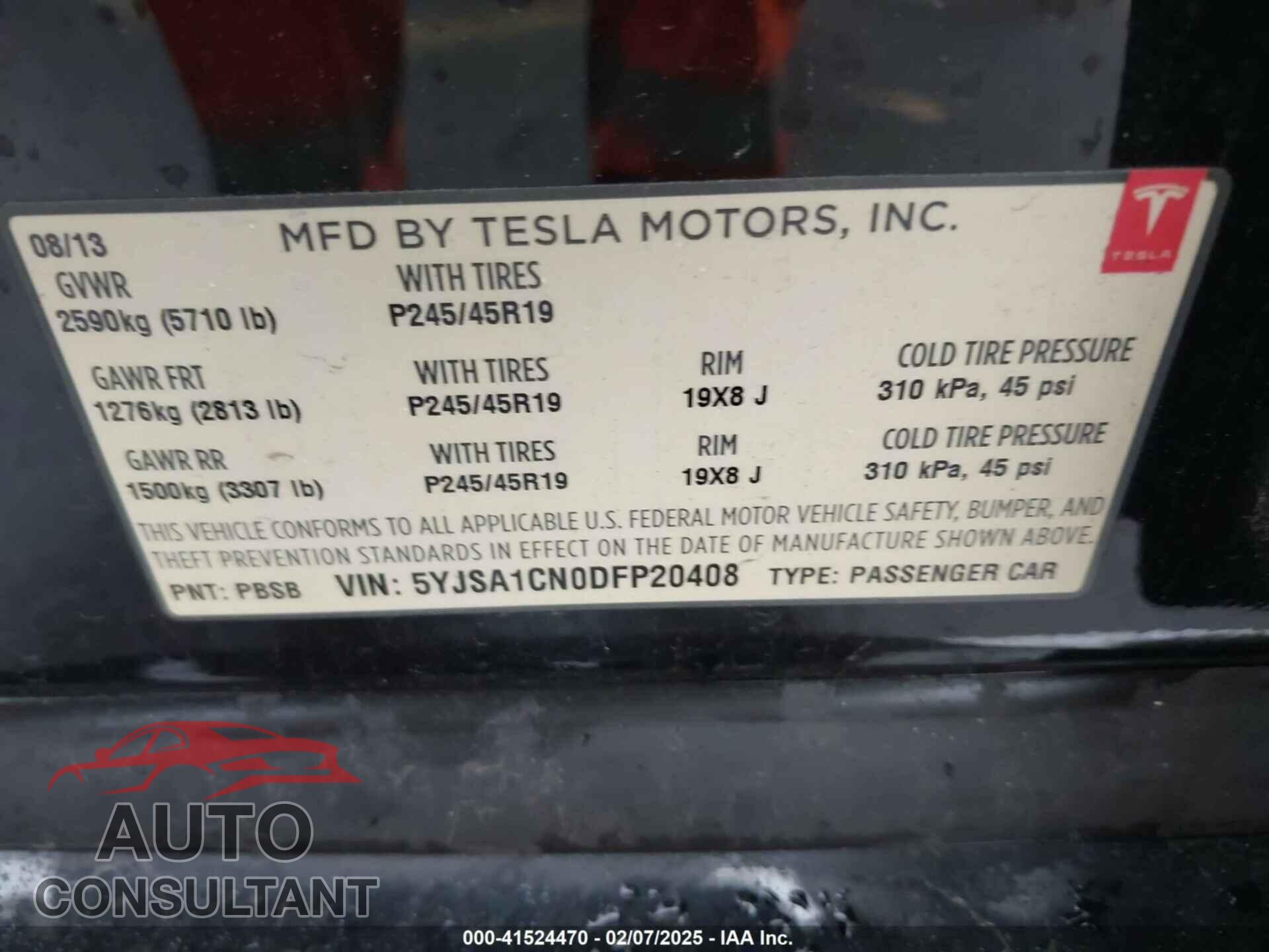 TESLA MODEL S 2013 - 5YJSA1CN0DFP20408