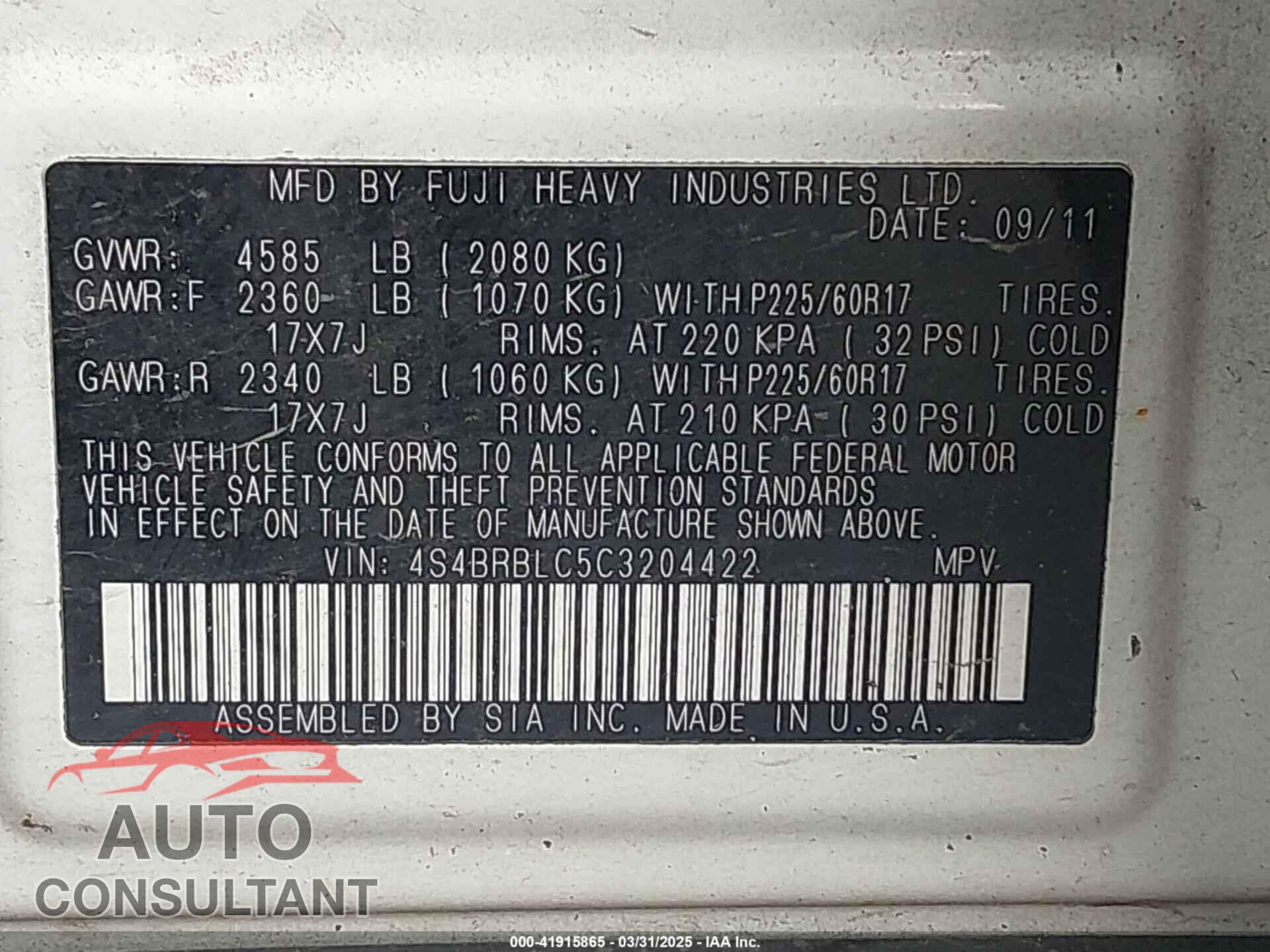 SUBARU OUTBACK 2012 - 4S4BRBLC5C3204422