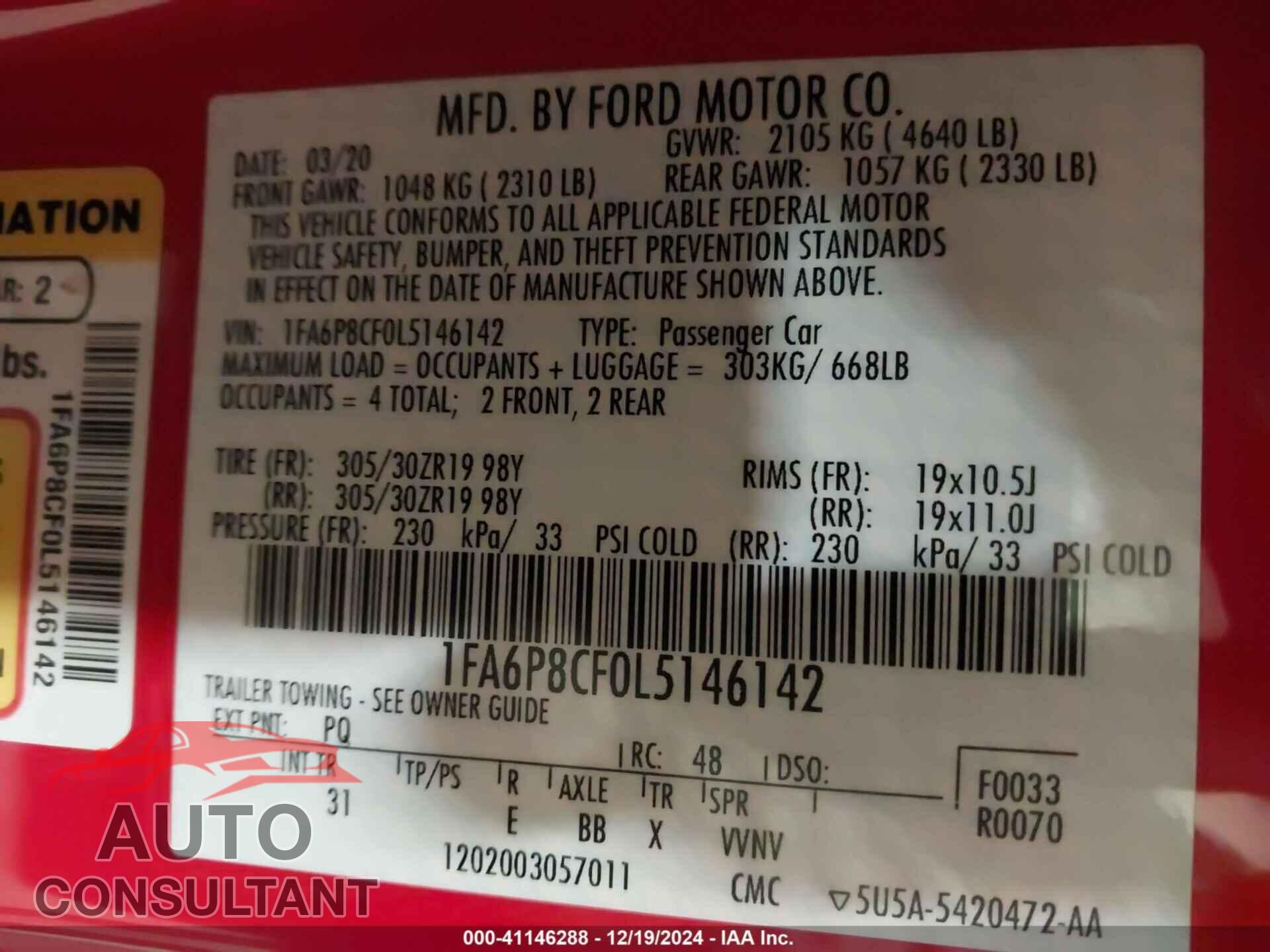 FORD MUSTANG 2020 - 1FA6P8CF0L5146142