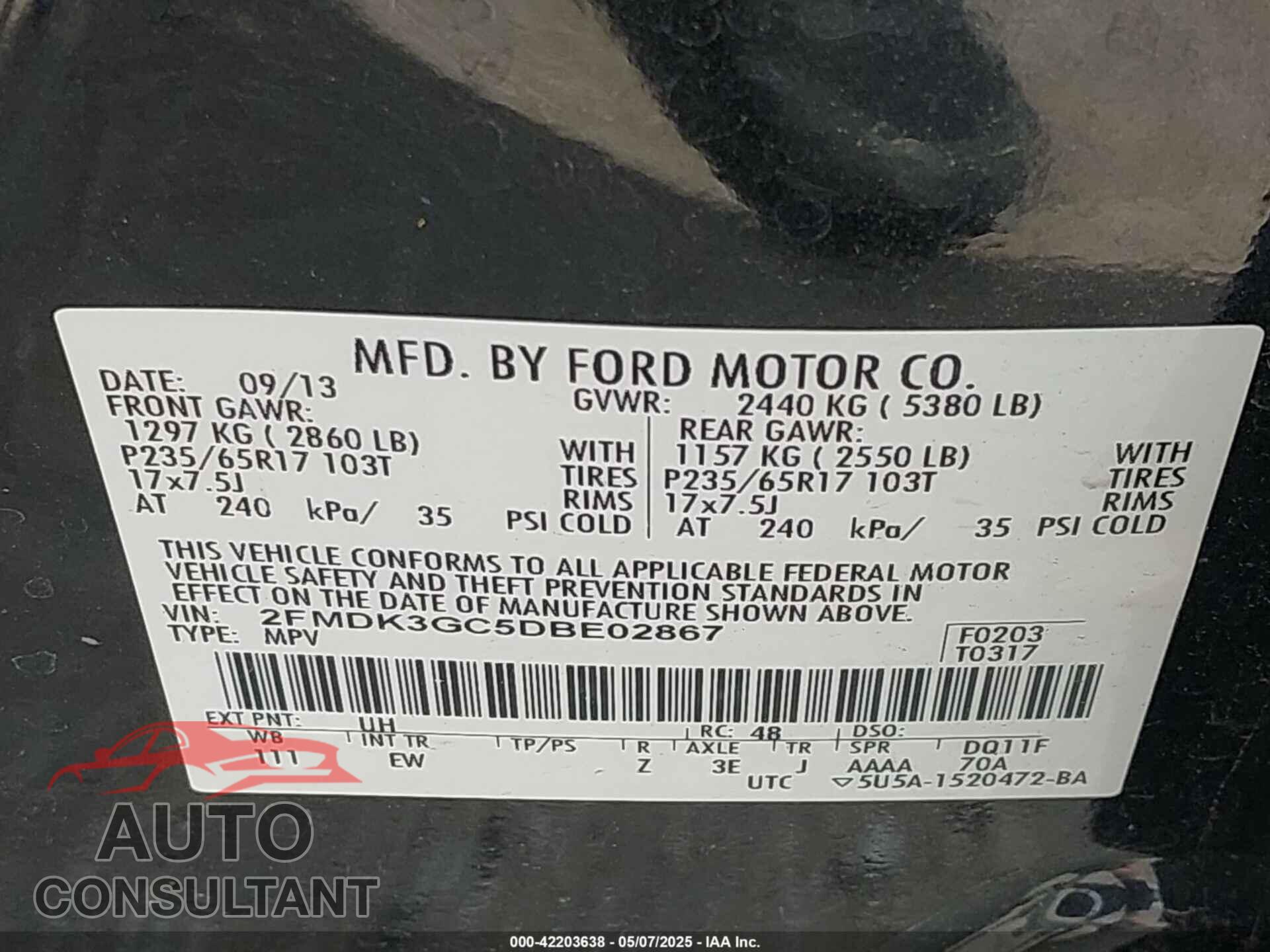 FORD EDGE 2013 - 2FMDK3GC5DBE02867