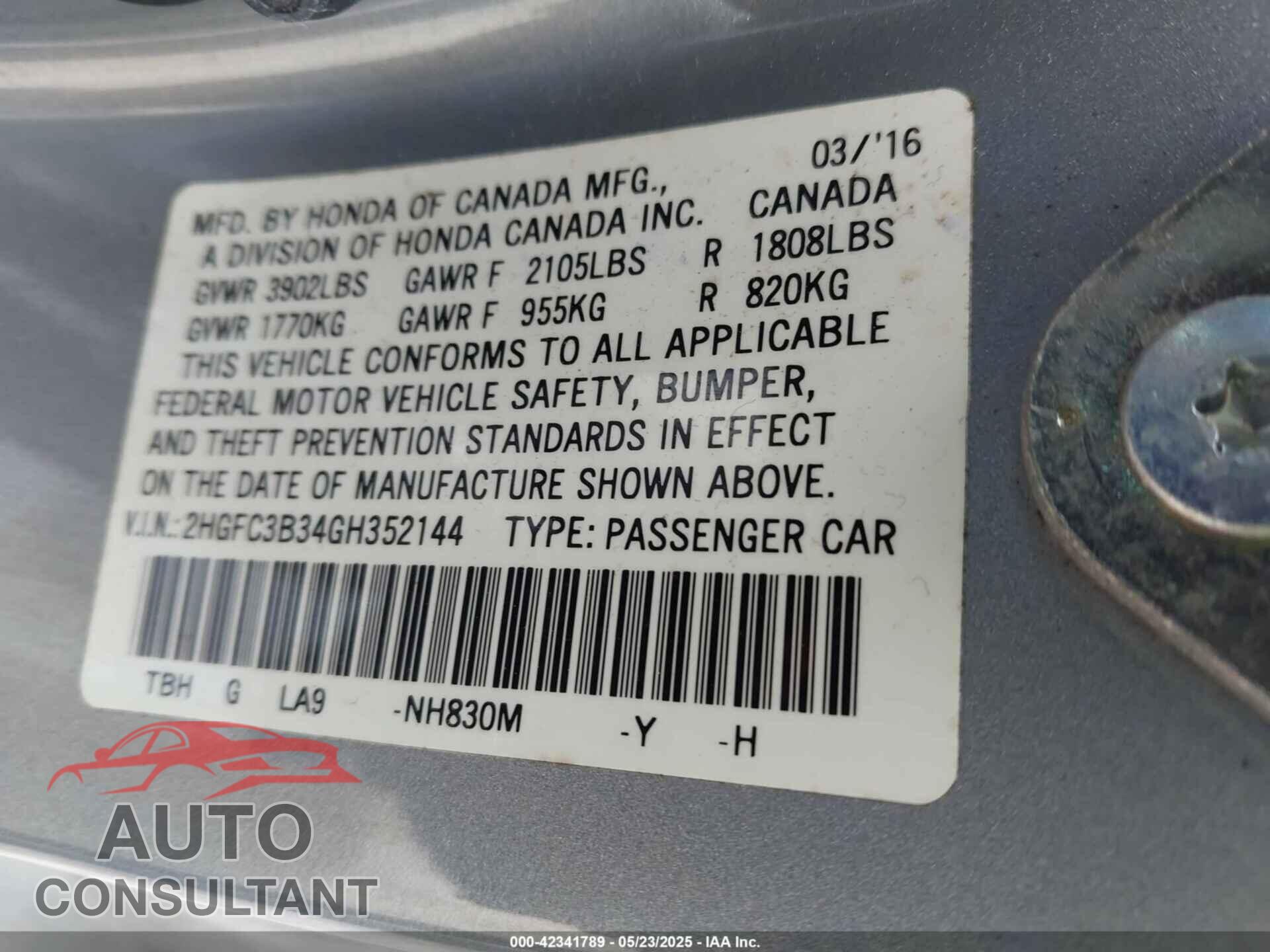 HONDA CIVIC 2016 - 2HGFC3B34GH352144