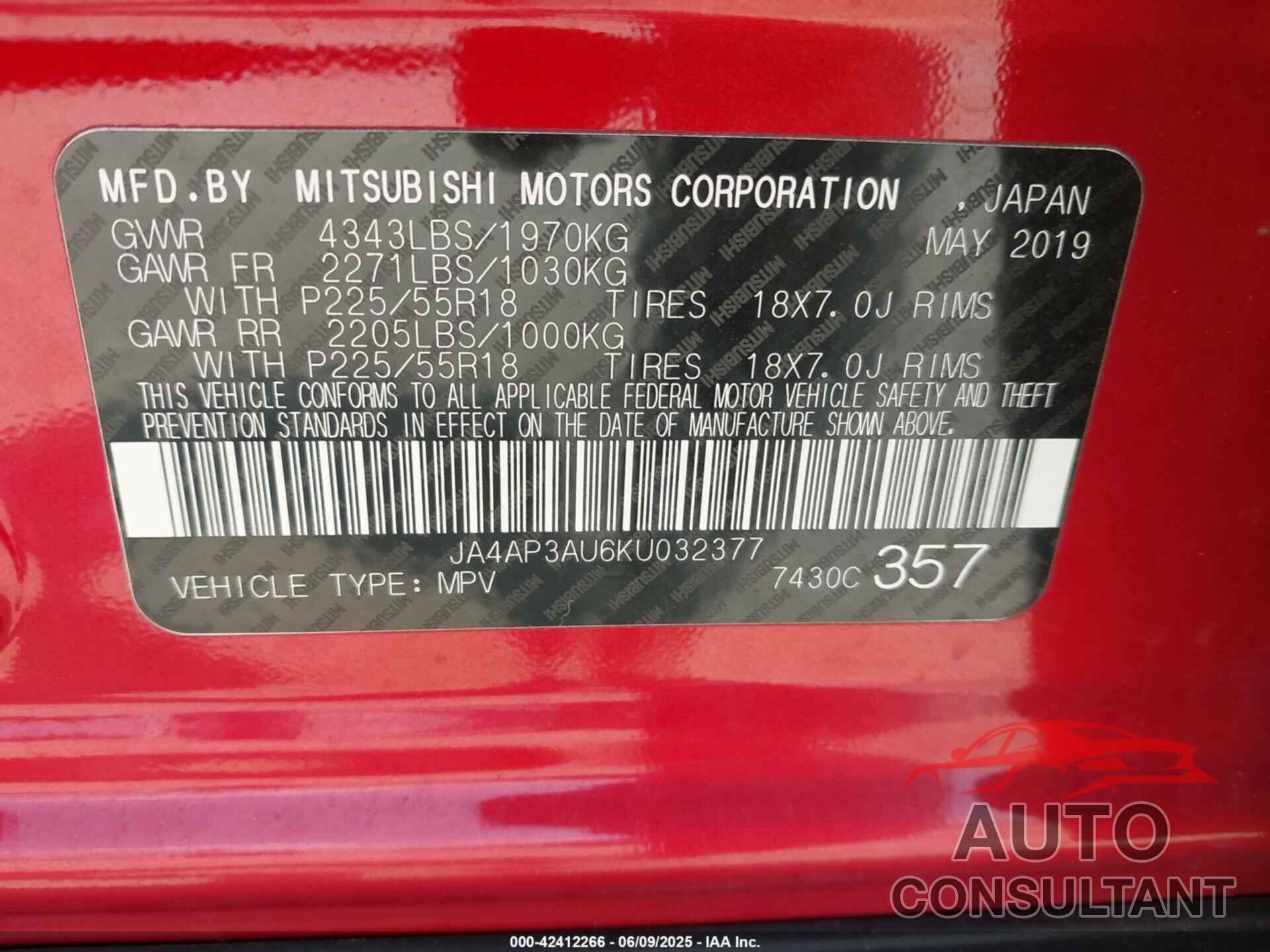 MITSUBISHI OUTLANDER SPORT 2019 - JA4AP3AU6KU032377