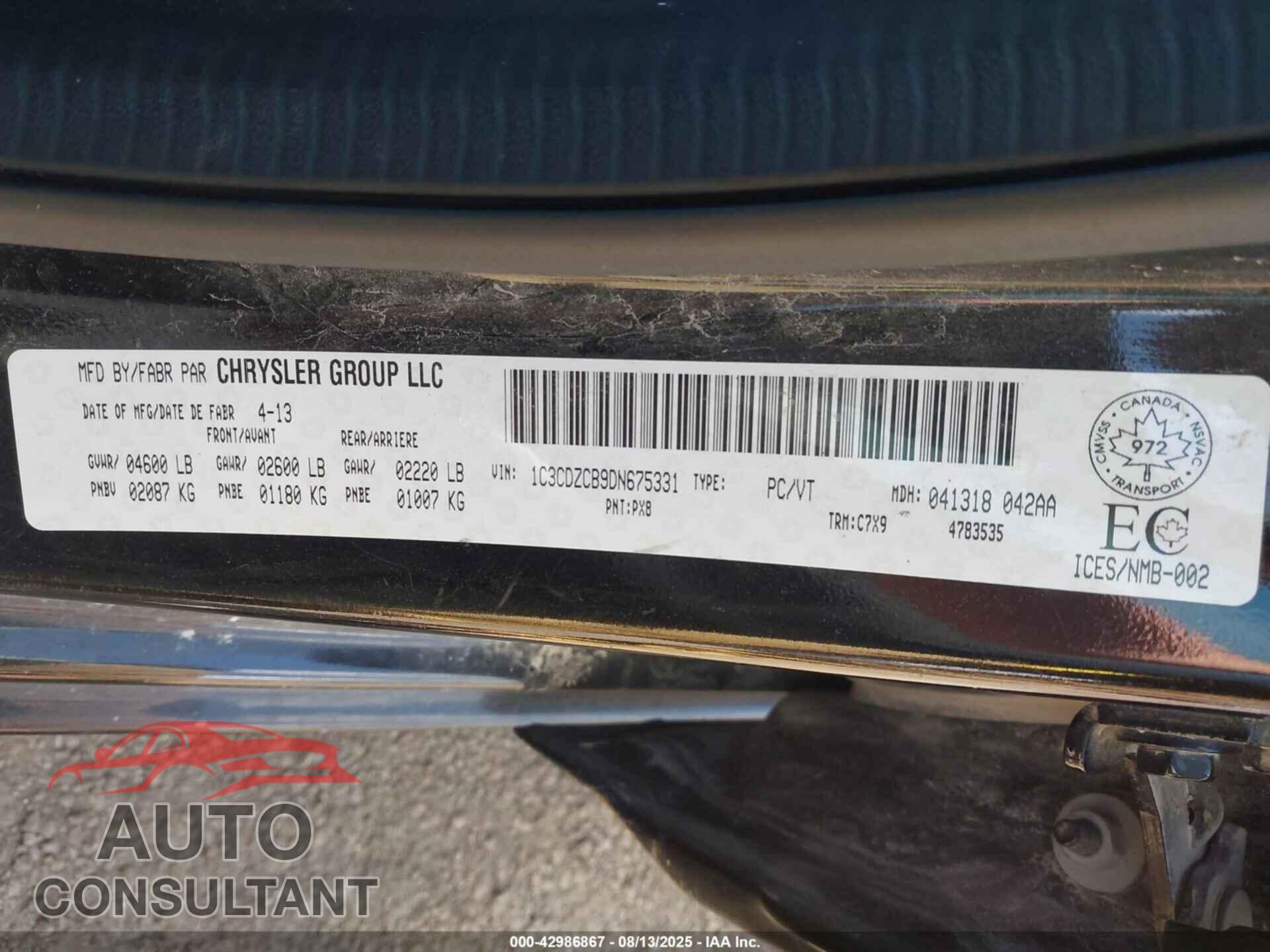 DODGE AVENGER 2013 - 1C3CDZCB9DN675331
