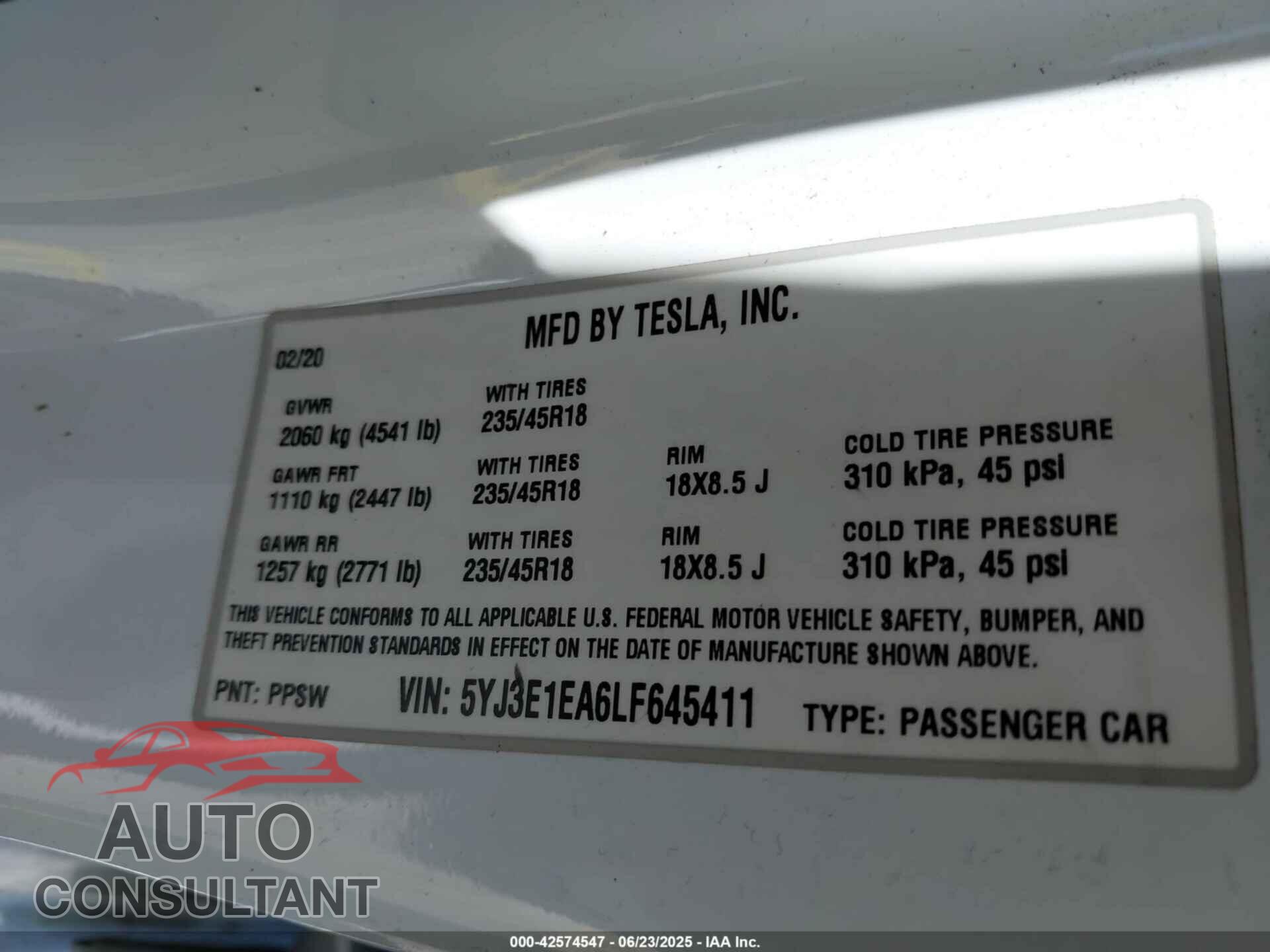 TESLA MODEL 3 2020 - 5YJ3E1EA6LF645411