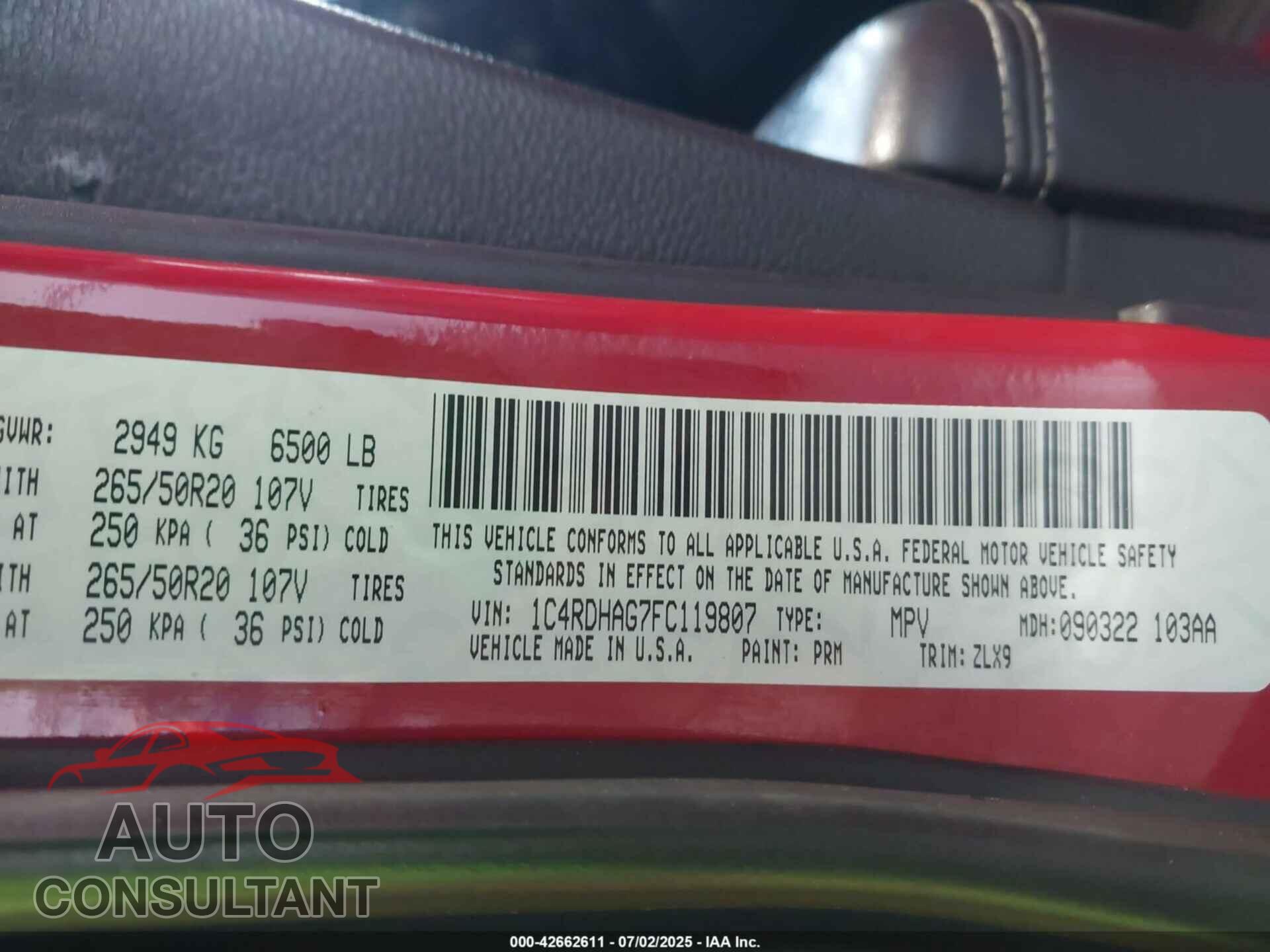 DODGE DURANGO 2015 - 1C4RDHAG7FC119807