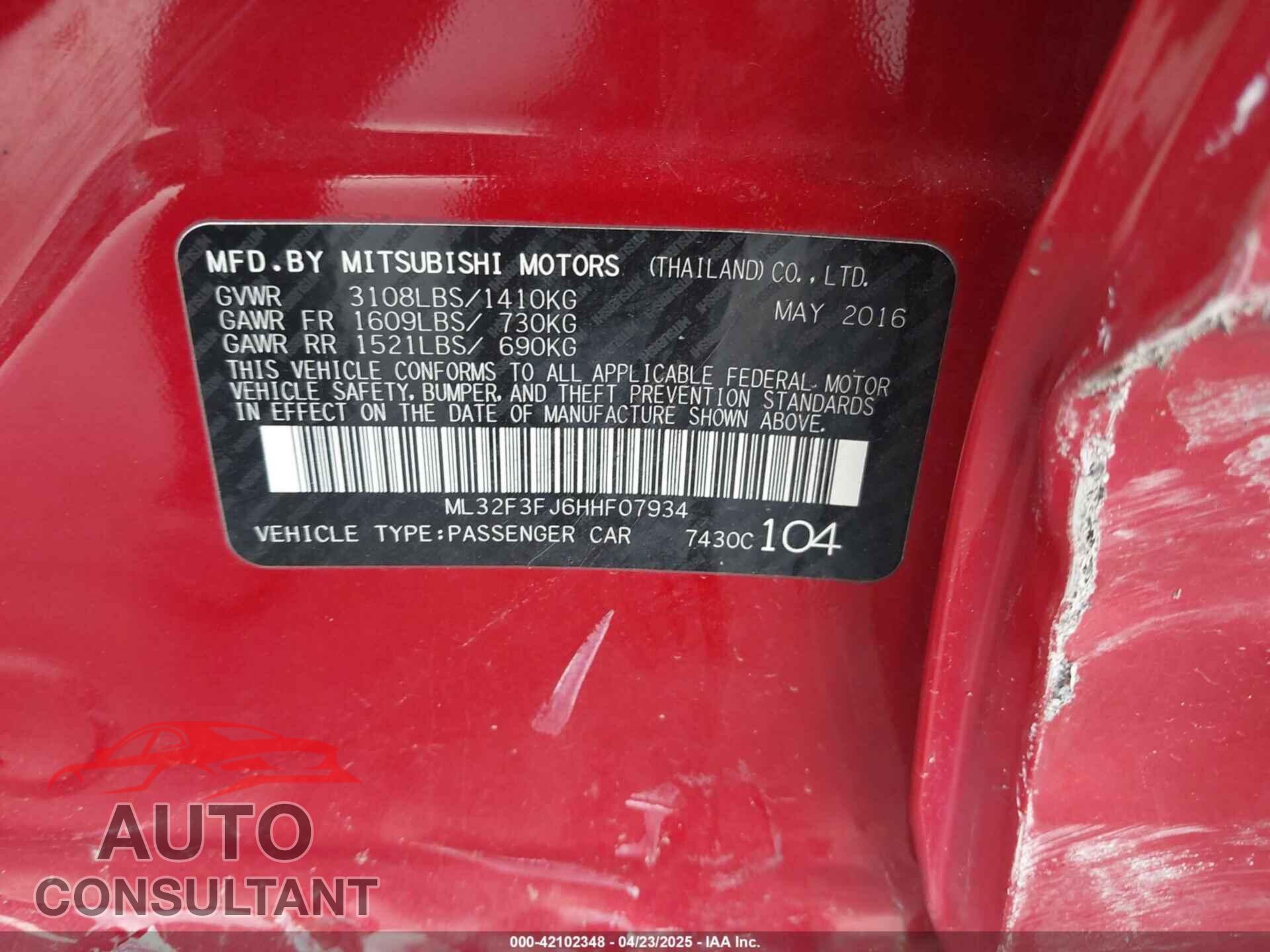 MITSUBISHI MIRAGE G4 2017 - ML32F3FJ6HHF07934