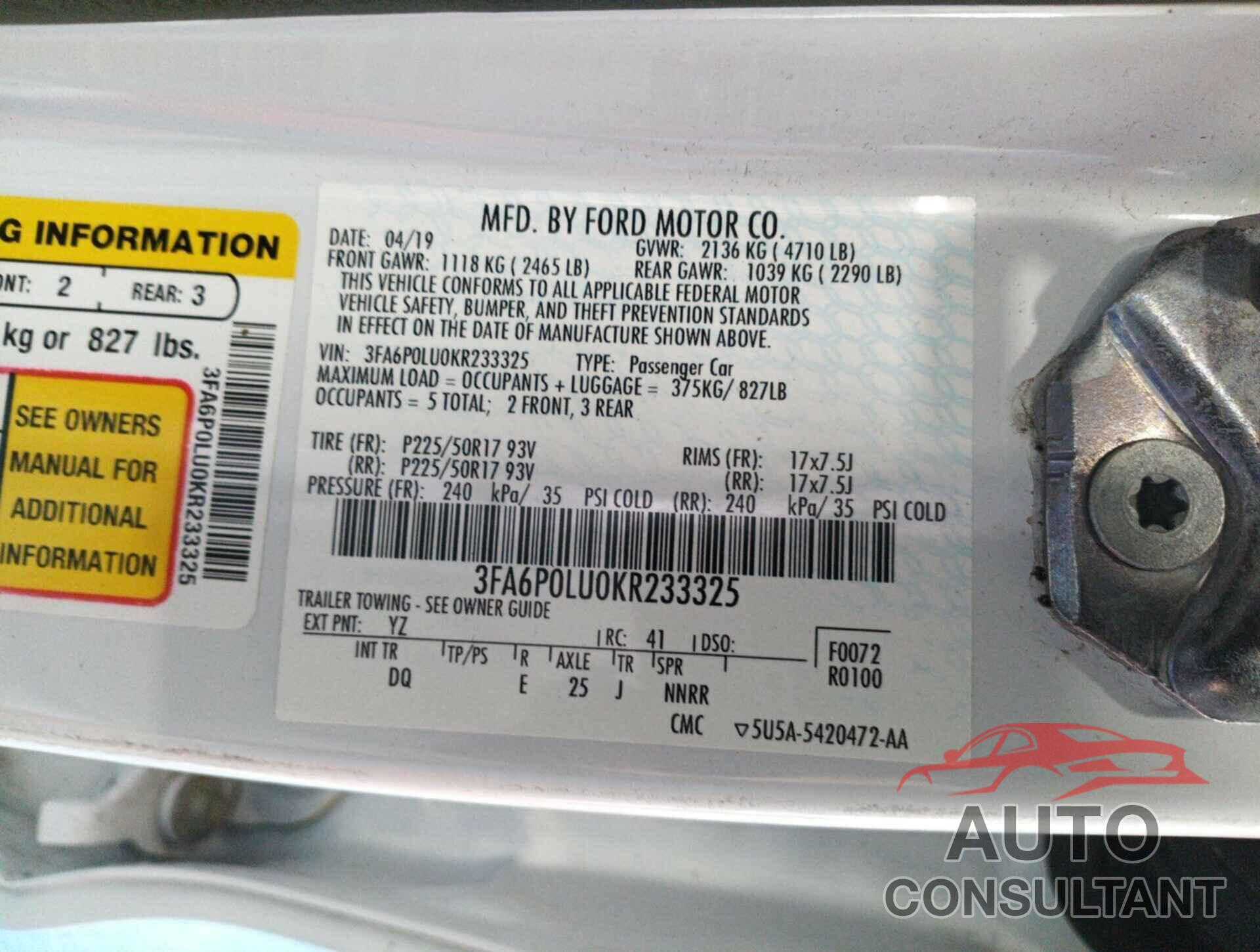 FORD FUSION HYBRID 2019 - 3FA6P0LU0KR233325