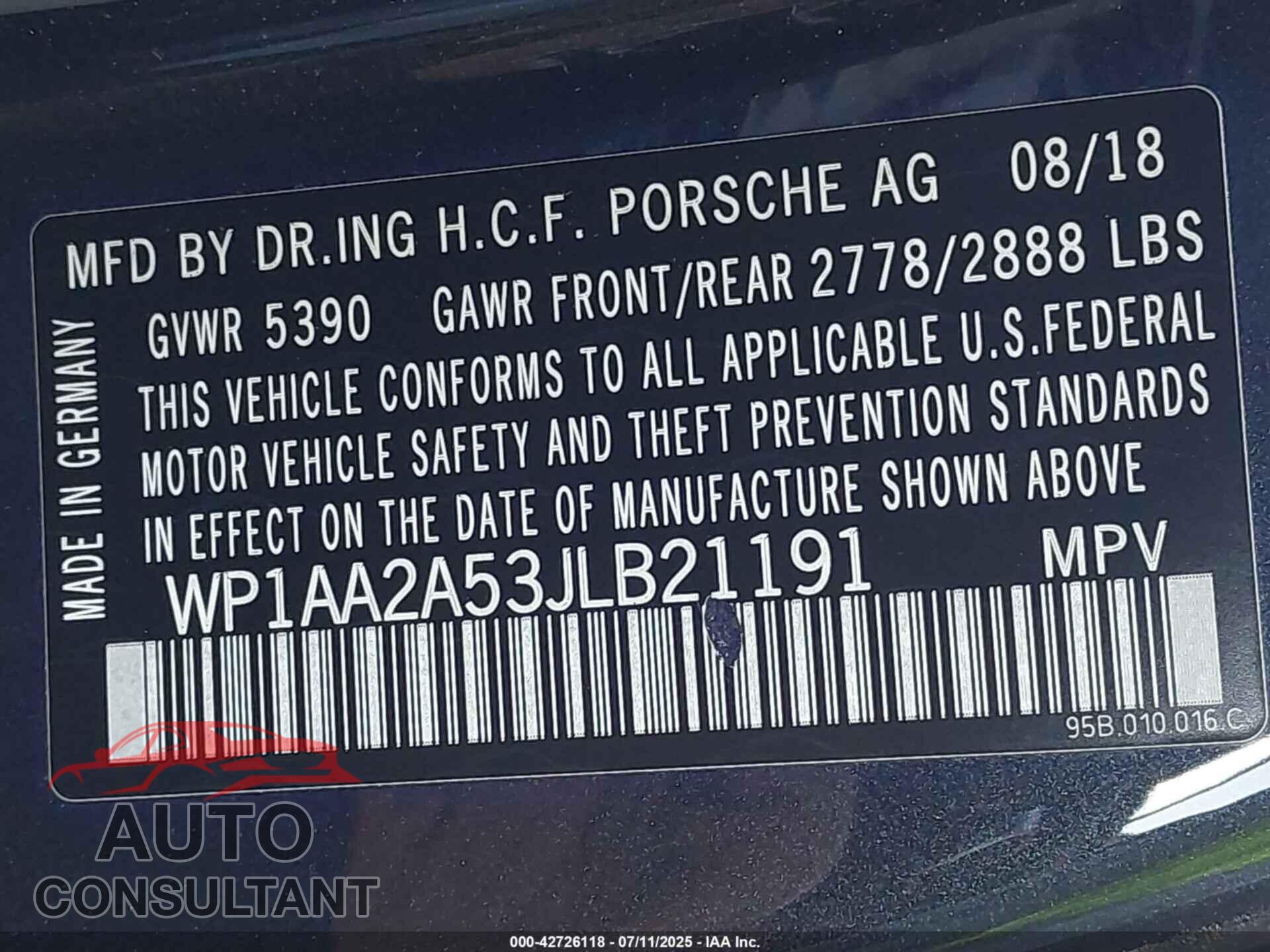 PORSCHE MACAN 2018 - WP1AA2A53JLB21191