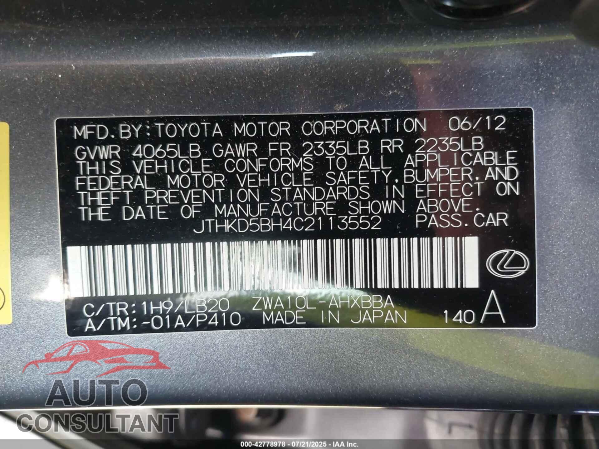 LEXUS CT 2012 - JTHKD5BH4C2113552