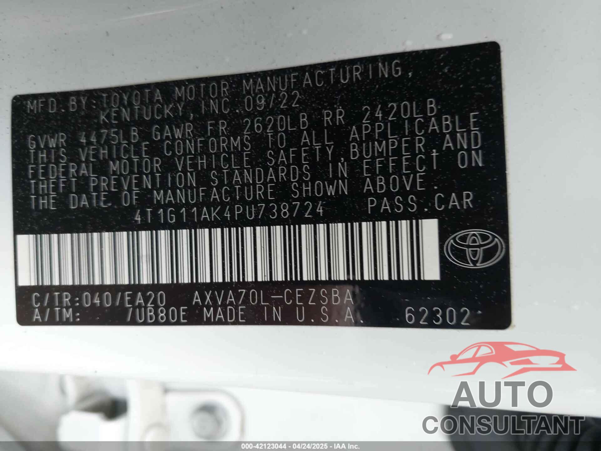TOYOTA CAMRY 2023 - 4T1G11AK4PU738724