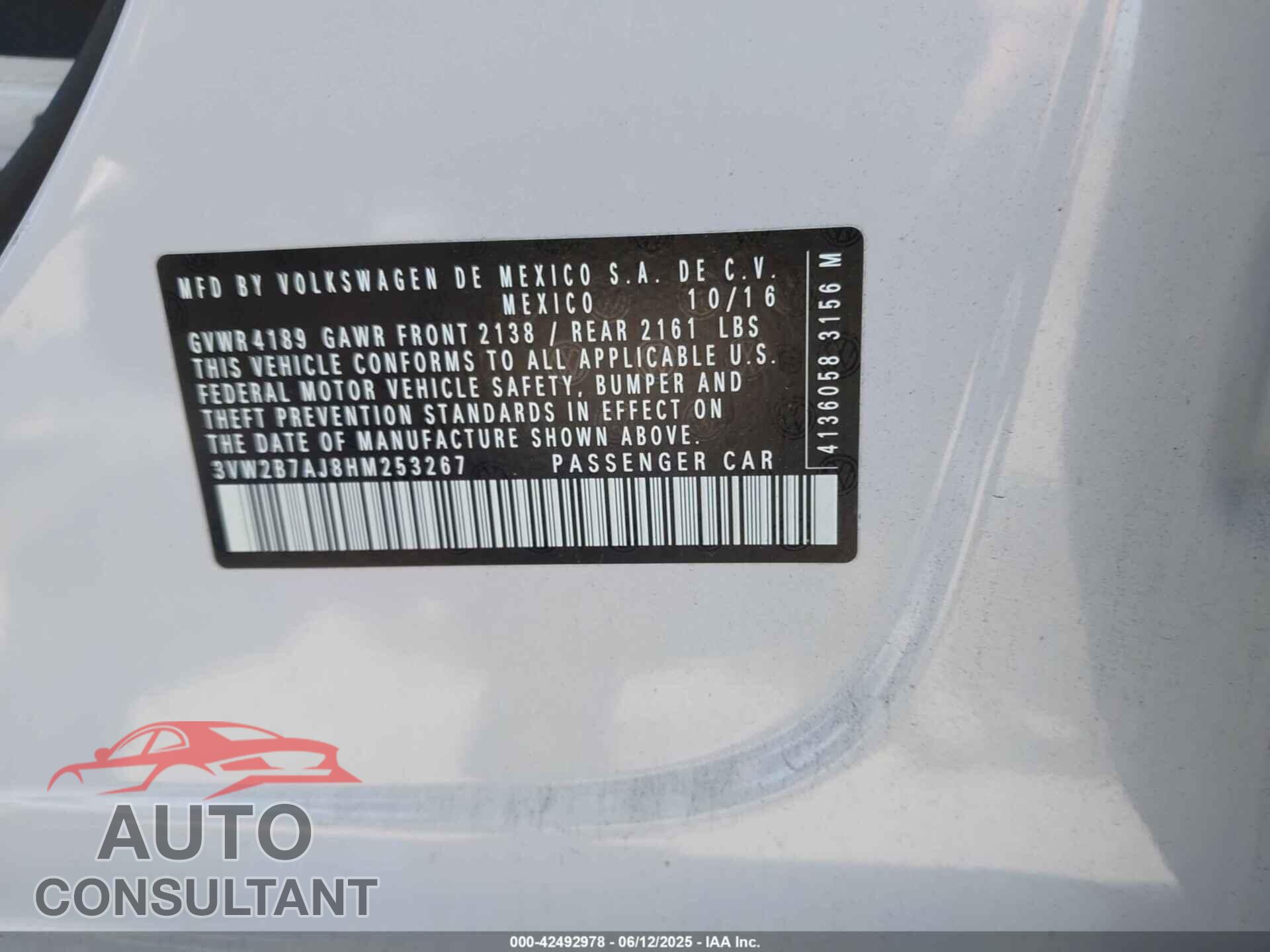 VOLKSWAGEN JETTA 2017 - 3VW2B7AJ8HM253267