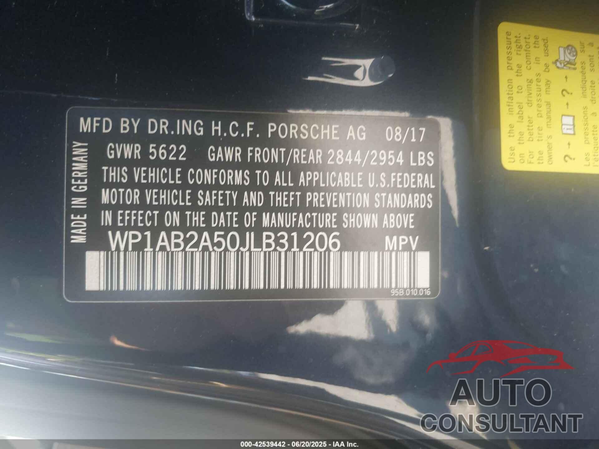 PORSCHE MACAN 2018 - WP1AB2A50JLB31206