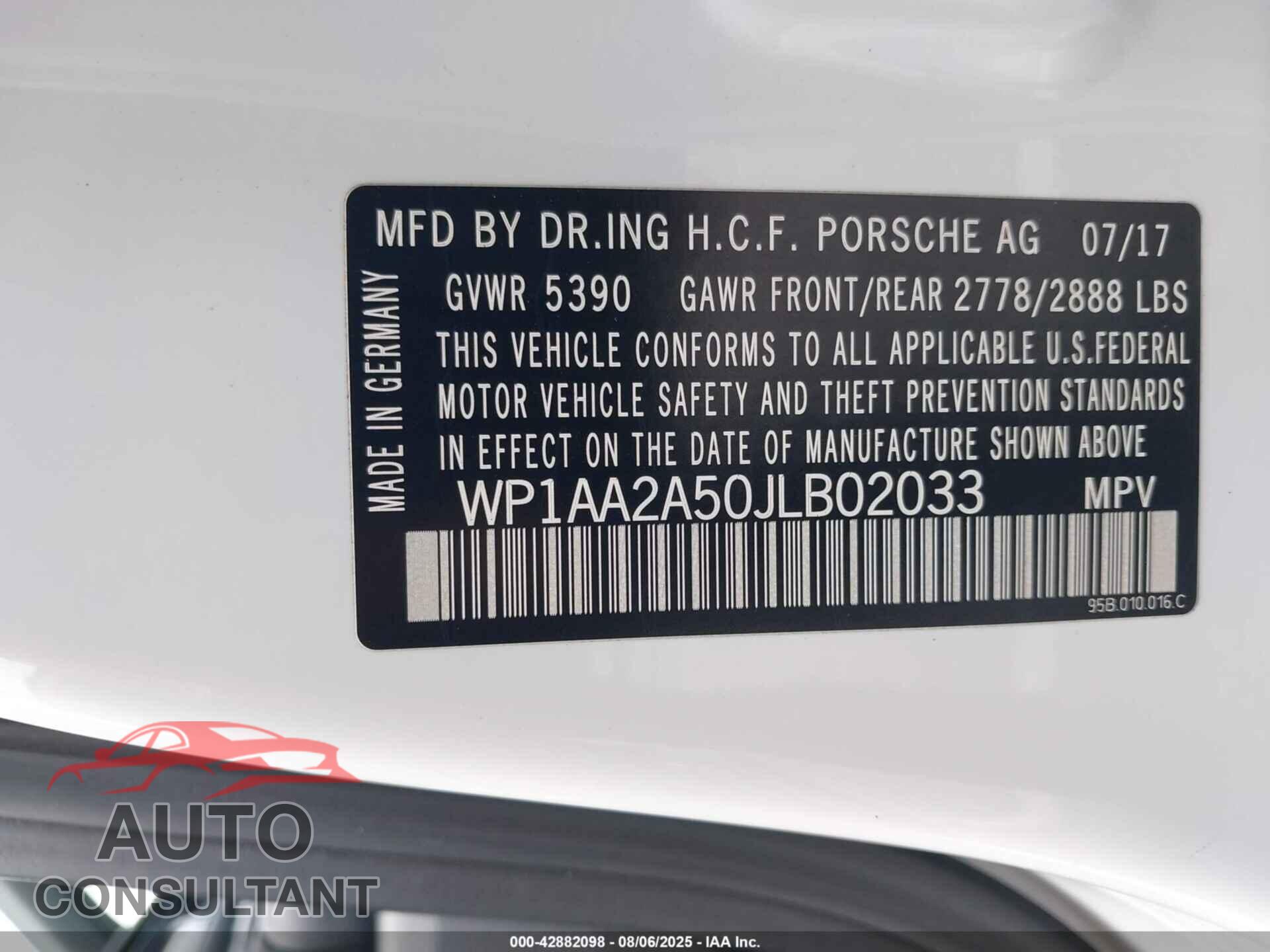 PORSCHE MACAN 2018 - WP1AA2A50JLB02033