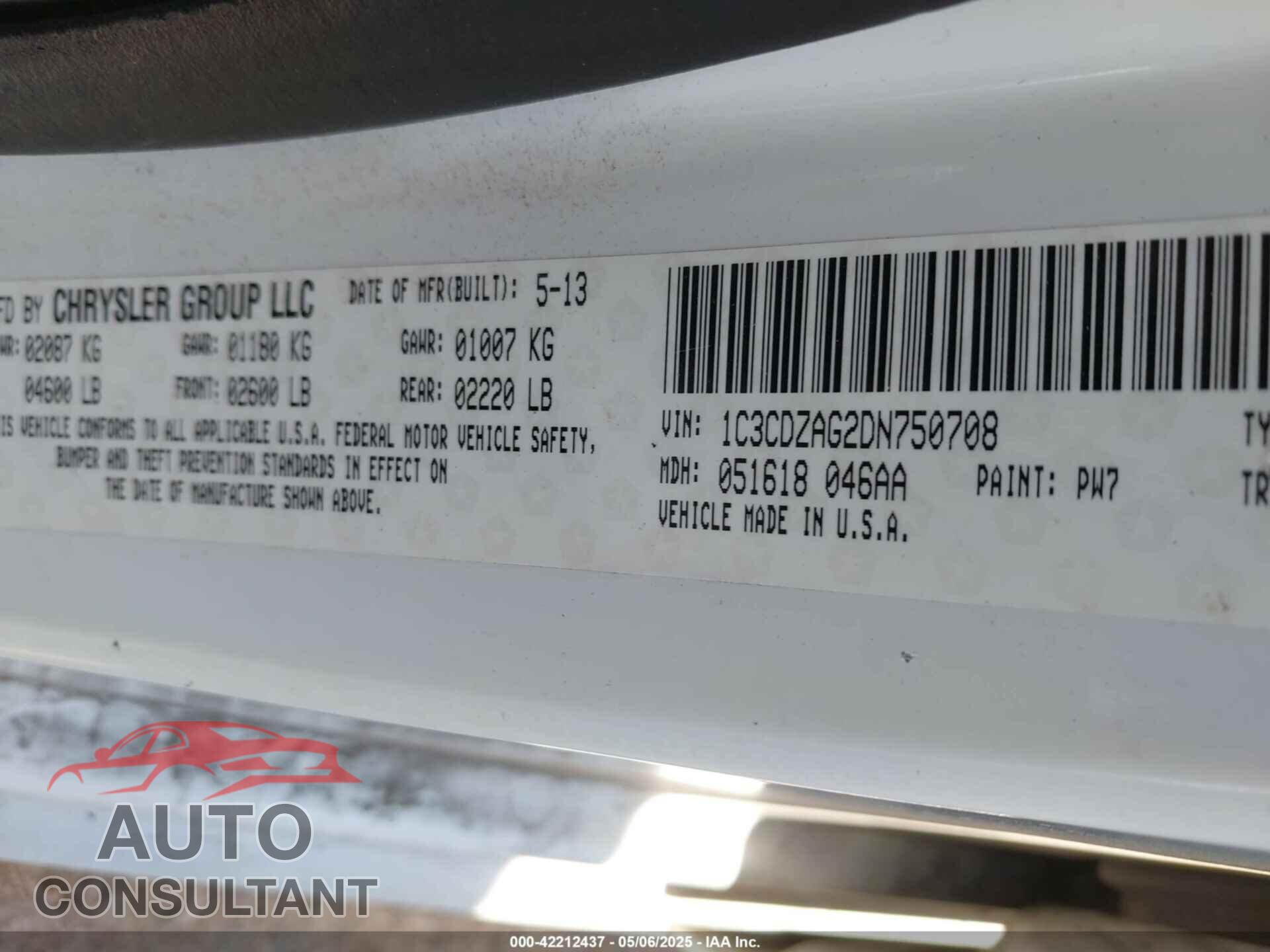 DODGE AVENGER 2013 - 1C3CDZAG2DN750708