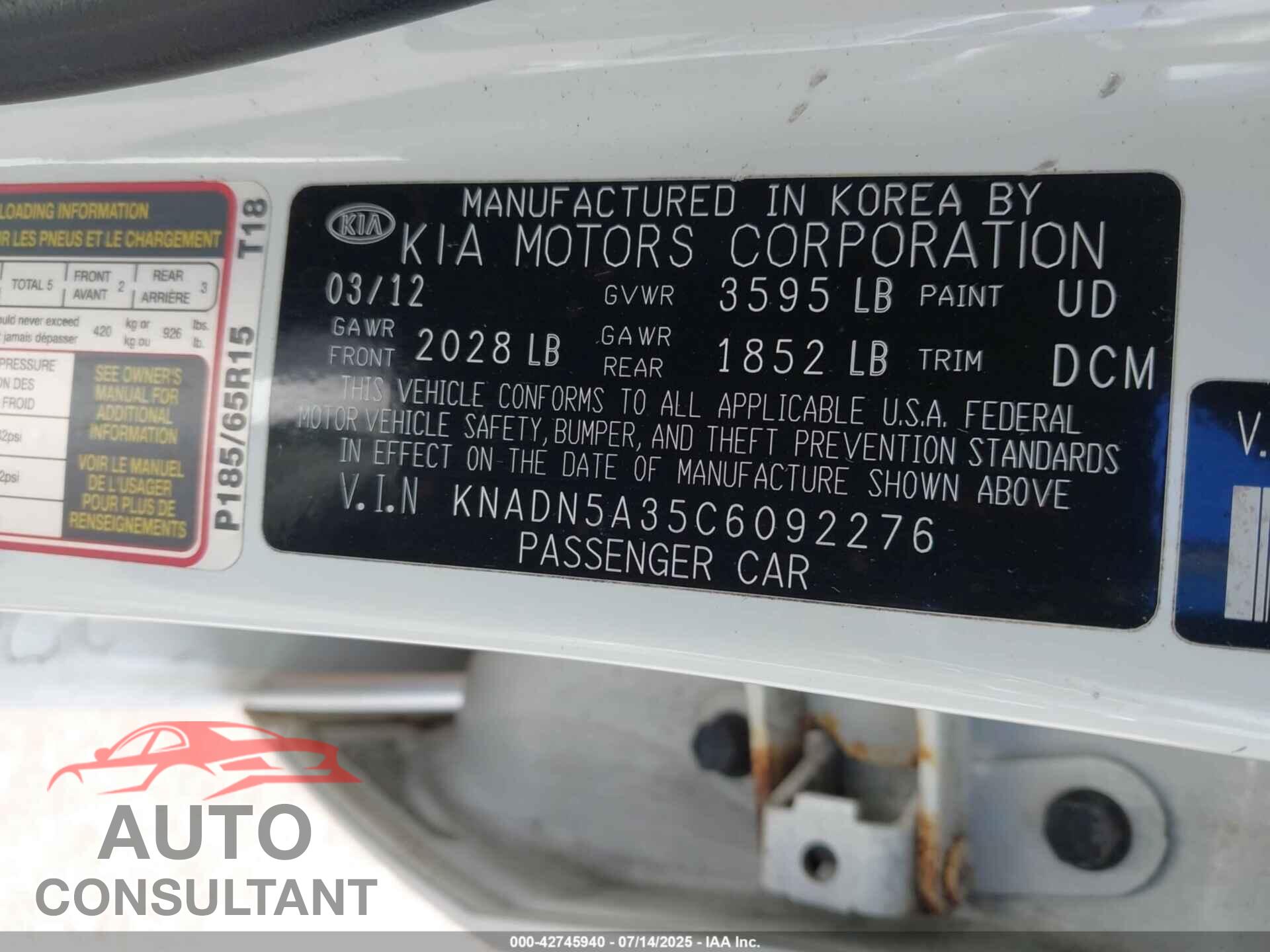 KIA RIO5 2012 - KNADN5A35C6092276