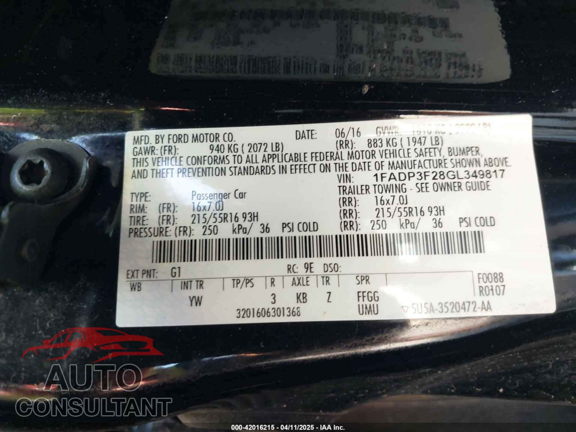 FORD FOCUS 2016 - 1FADP3F28GL349817