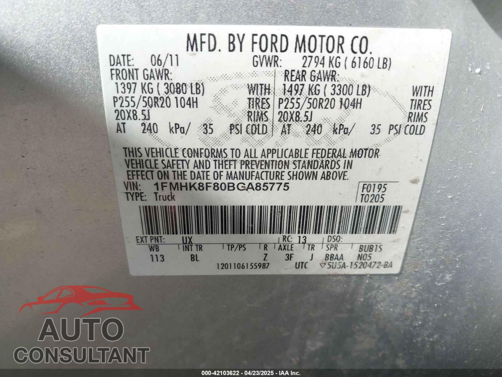 FORD EXPLORER 2011 - 1FMHK8F80BGA85775