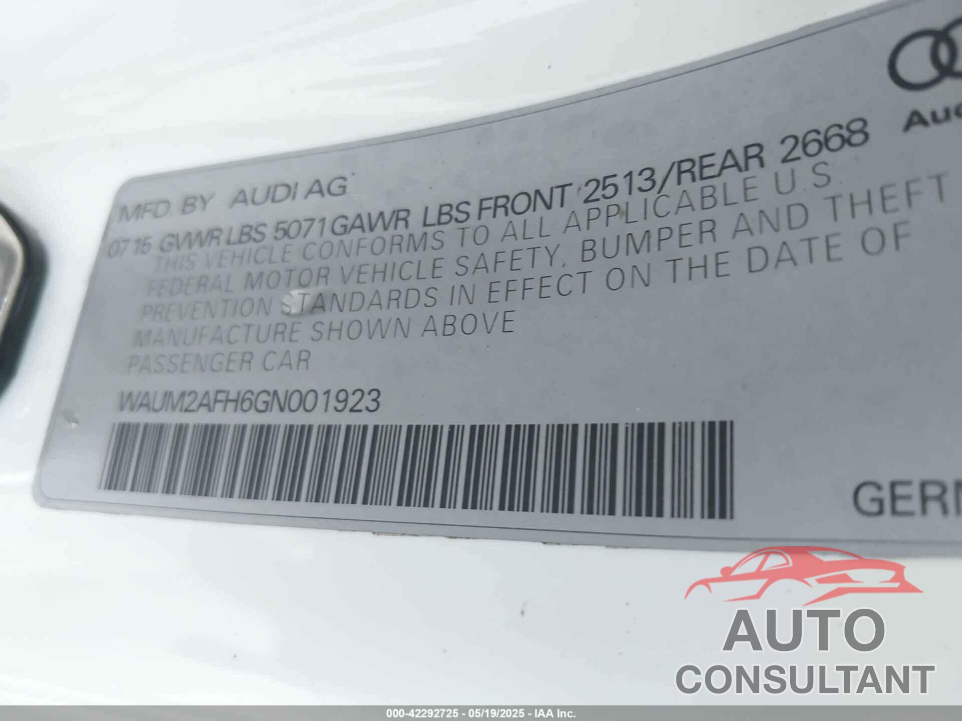 AUDI A5 2016 - WAUM2AFH6GN001923