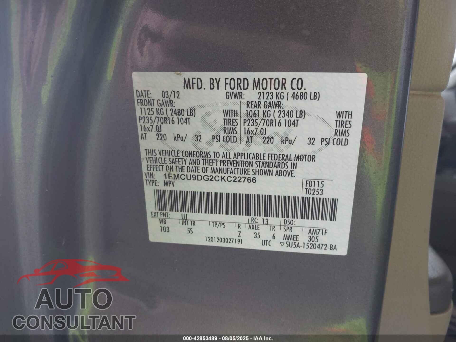 FORD ESCAPE 2012 - 1FMCU9DG2CKC22766