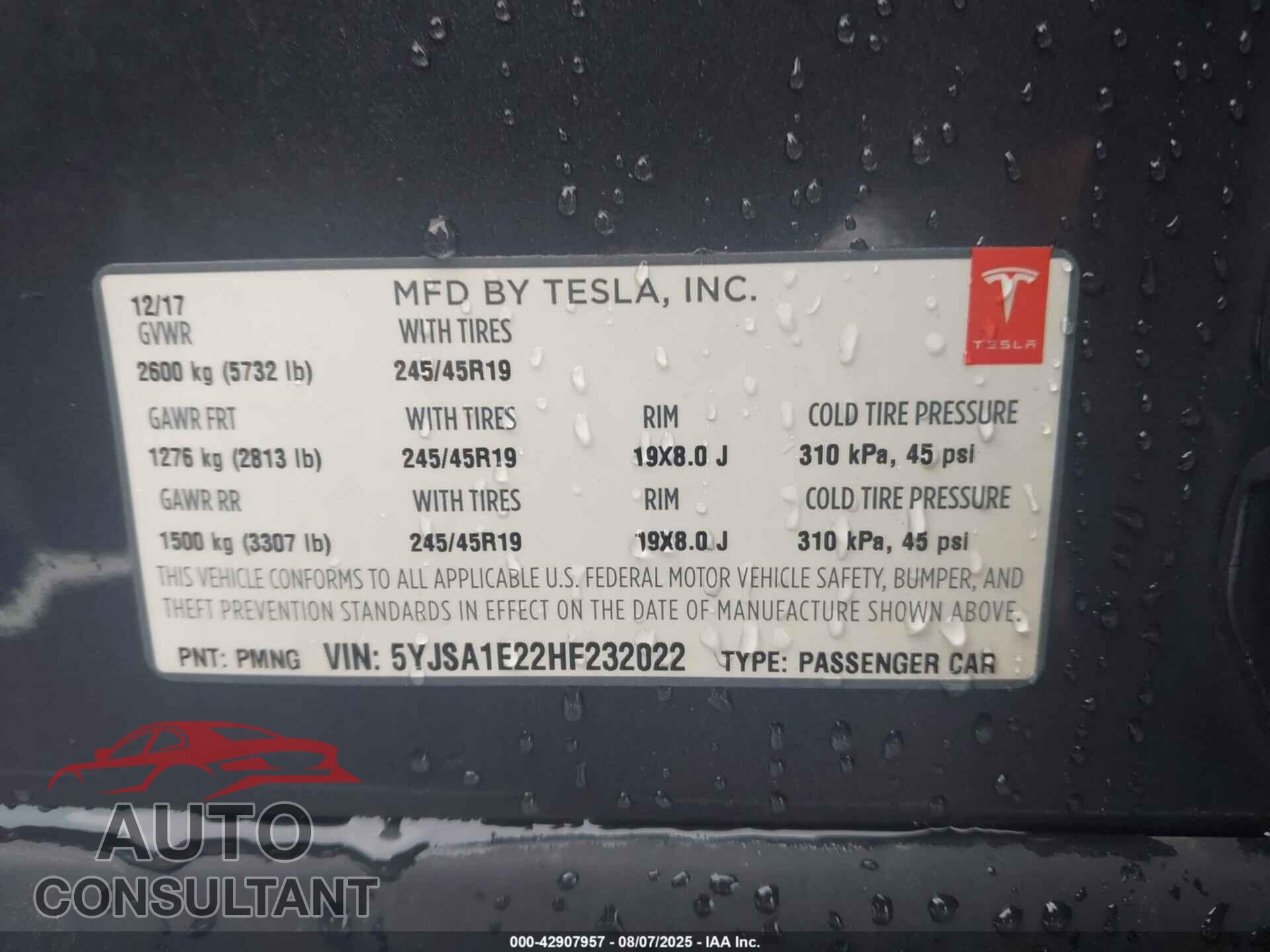 TESLA MODEL S 2017 - 5YJSA1E22HF232022