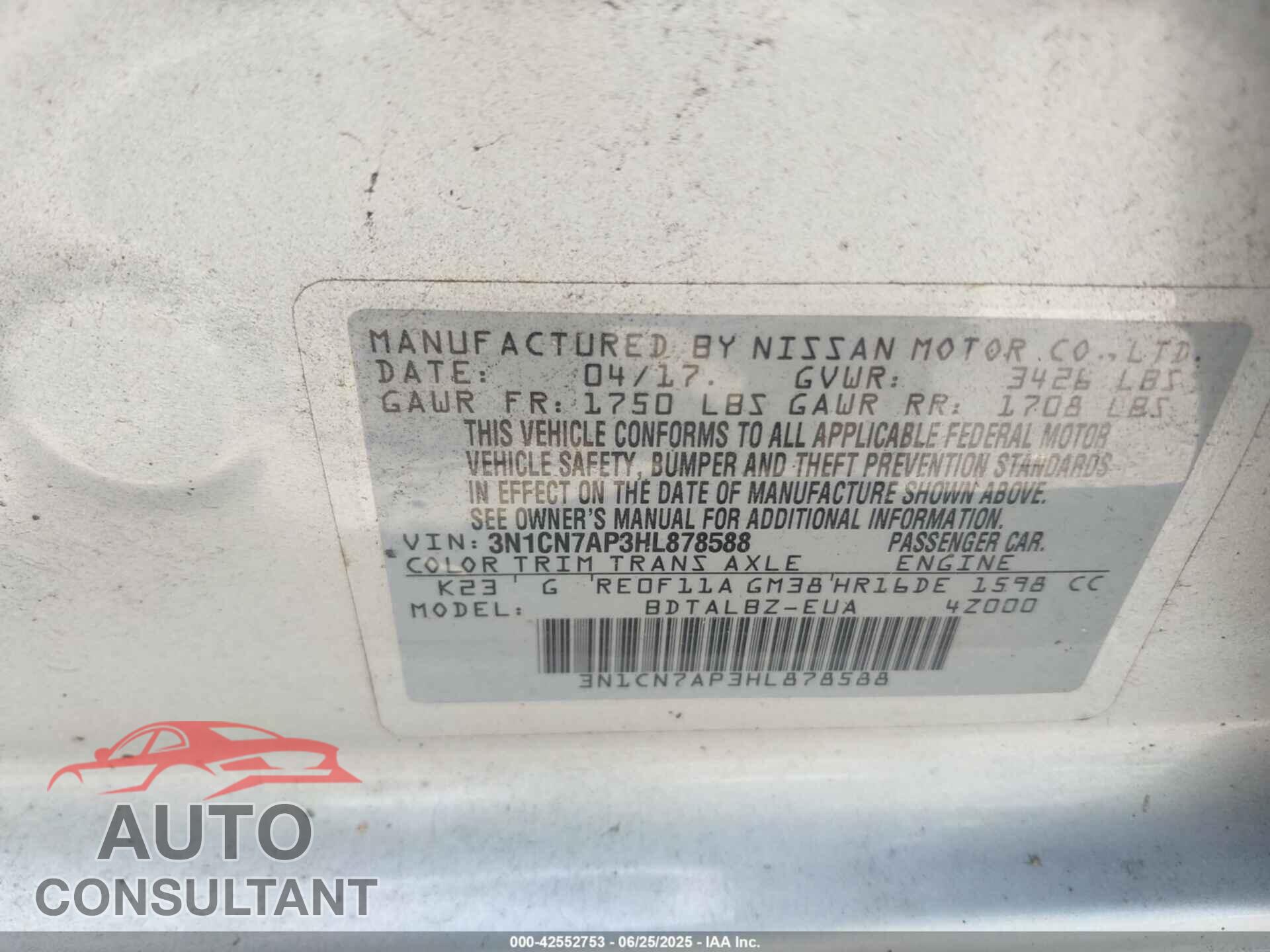 NISSAN VERSA 2017 - 3N1CN7AP3HL878588