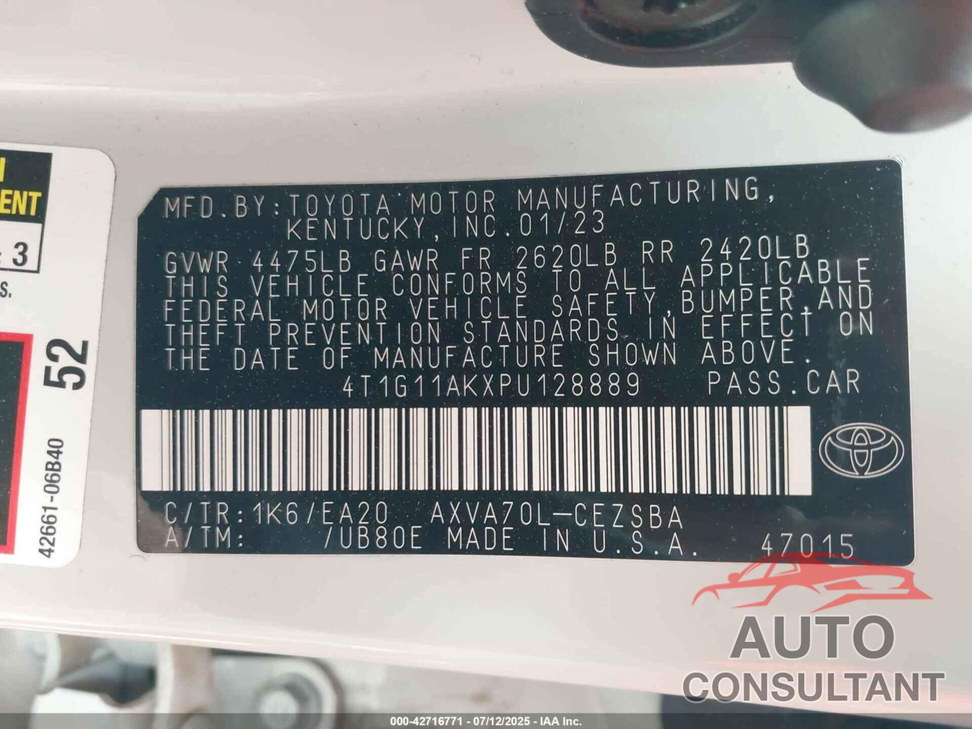 TOYOTA CAMRY 2023 - 4T1G11AKXPU128889