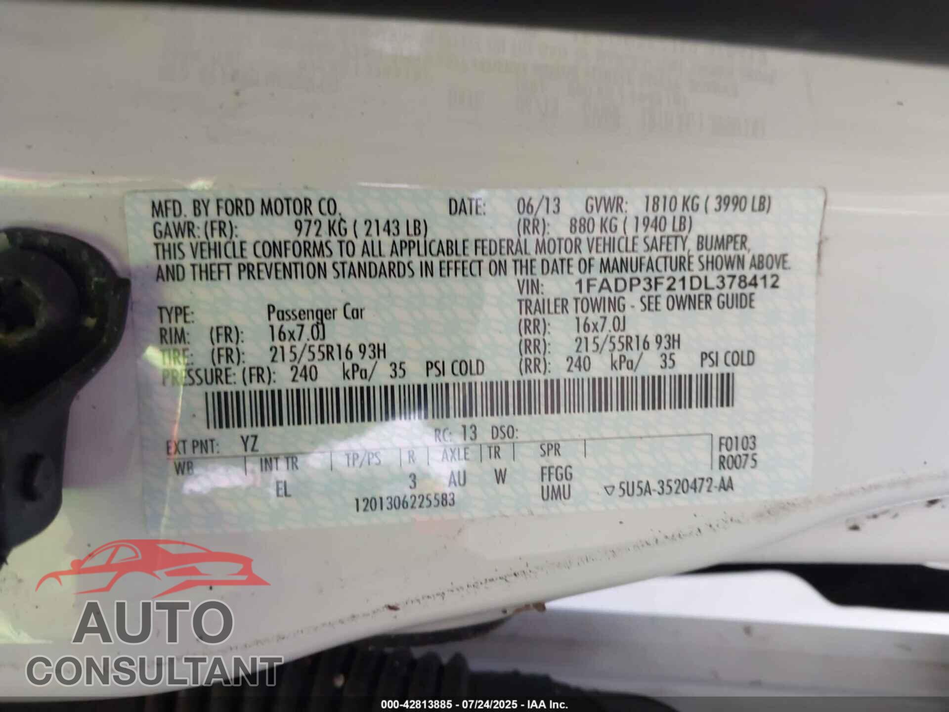 FORD FOCUS 2013 - 1FADP3F21DL378412