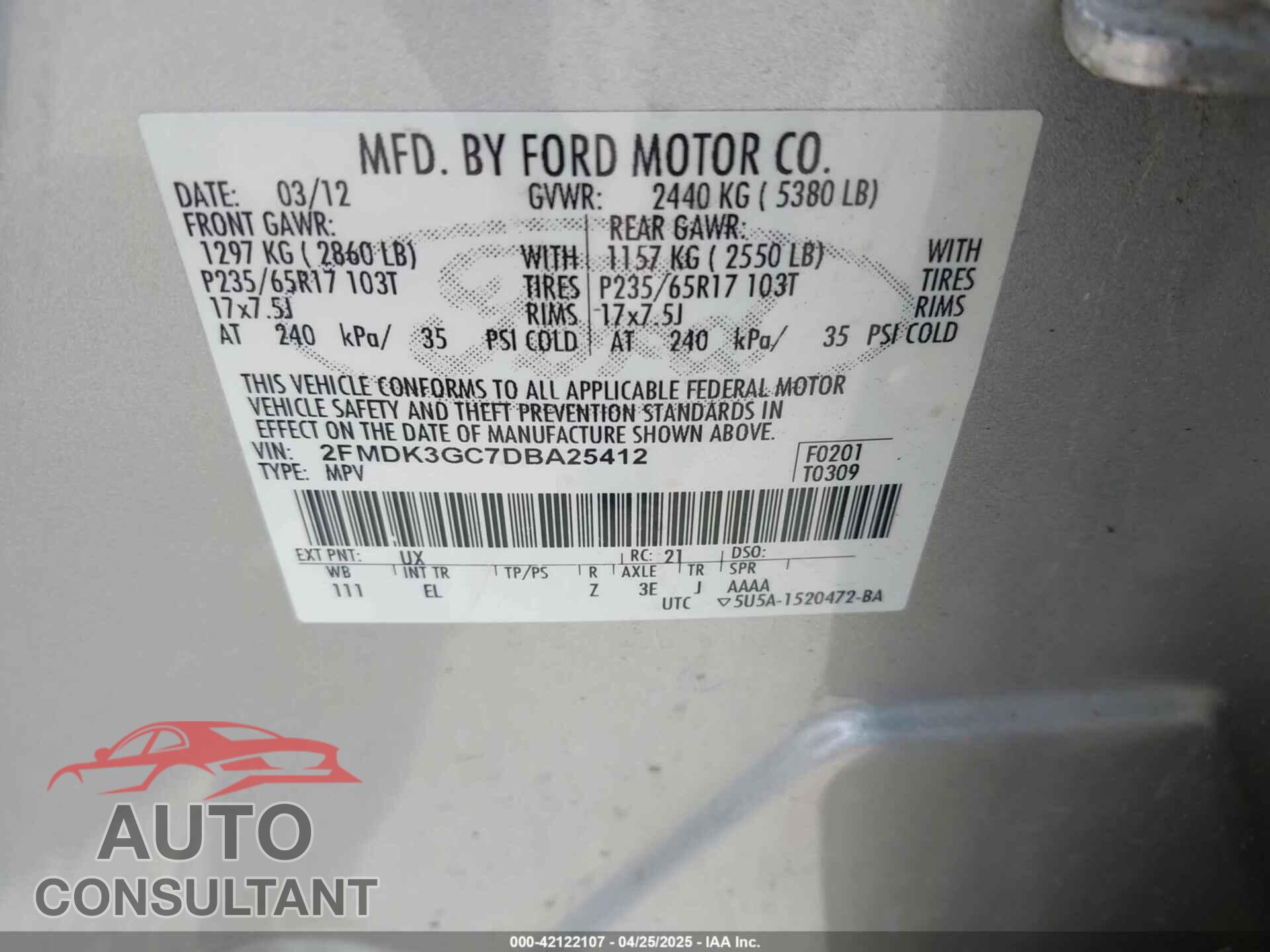 FORD EDGE 2013 - 2FMDK3GC7DBA25412