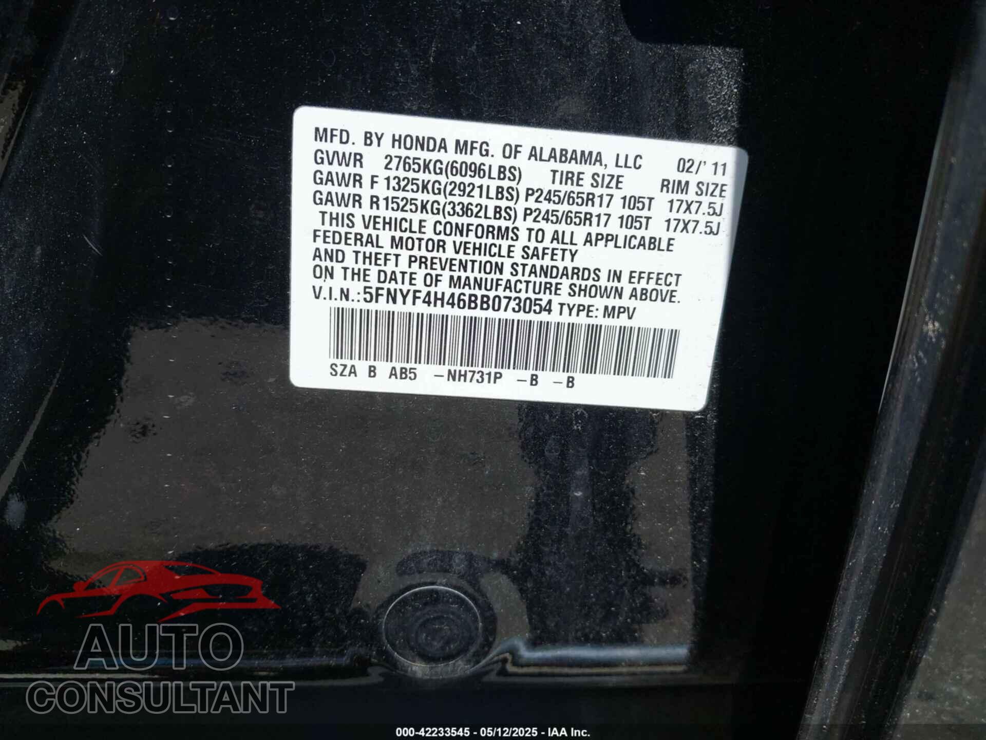 HONDA PILOT 2011 - 5FNYF4H46BB073054