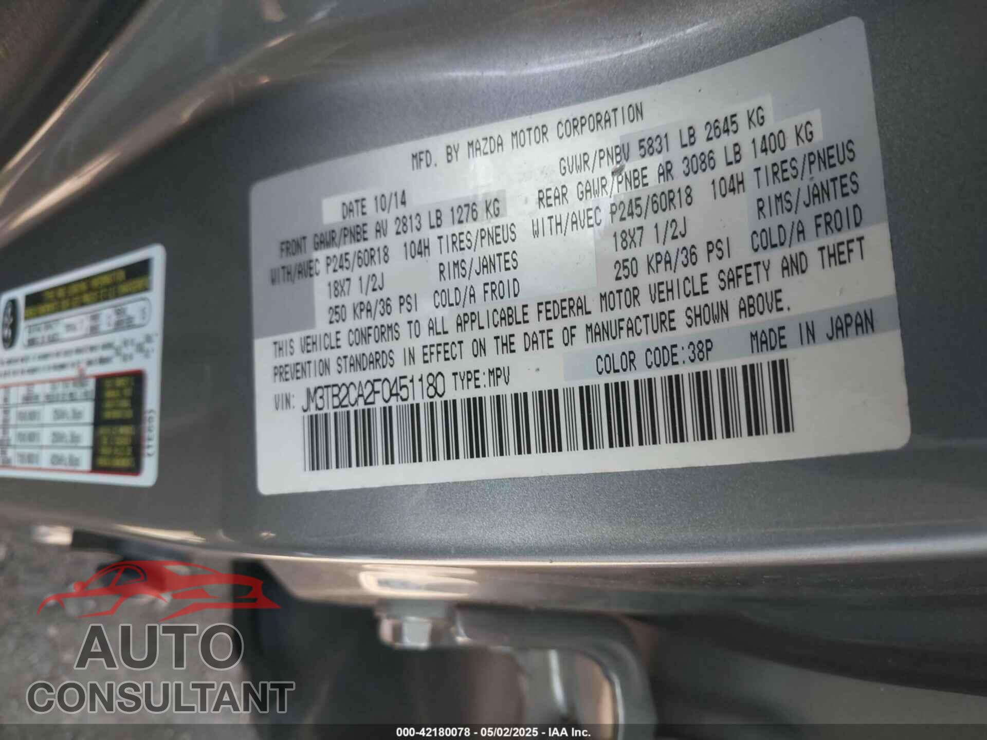 MAZDA CX-9 2015 - JM3TB2CA2F0451180