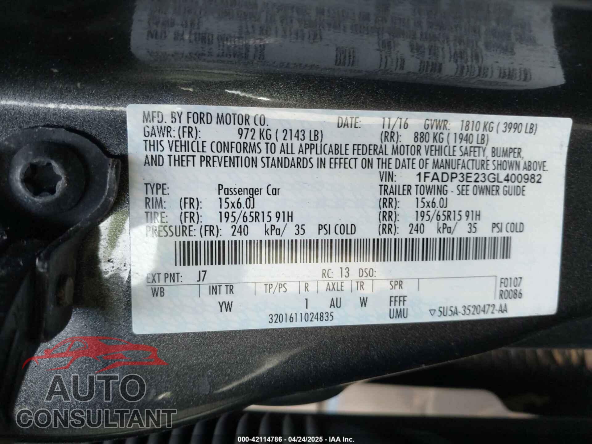 FORD FOCUS 2016 - 1FADP3E23GL400982